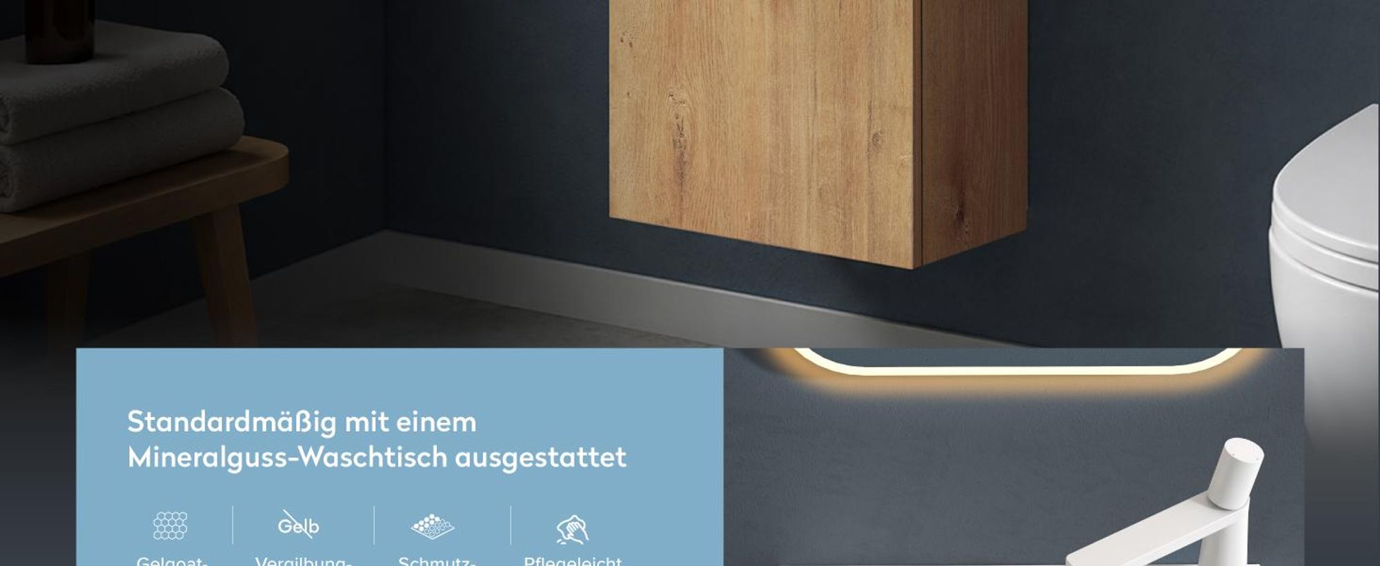 doporro Badmöbel-Set Waschtisch mit Unterschrank in Kerneiche Waschbeckenunterschrank Gäste WC 46x26x63cm mit matt Weiß Waschbecken Pisa