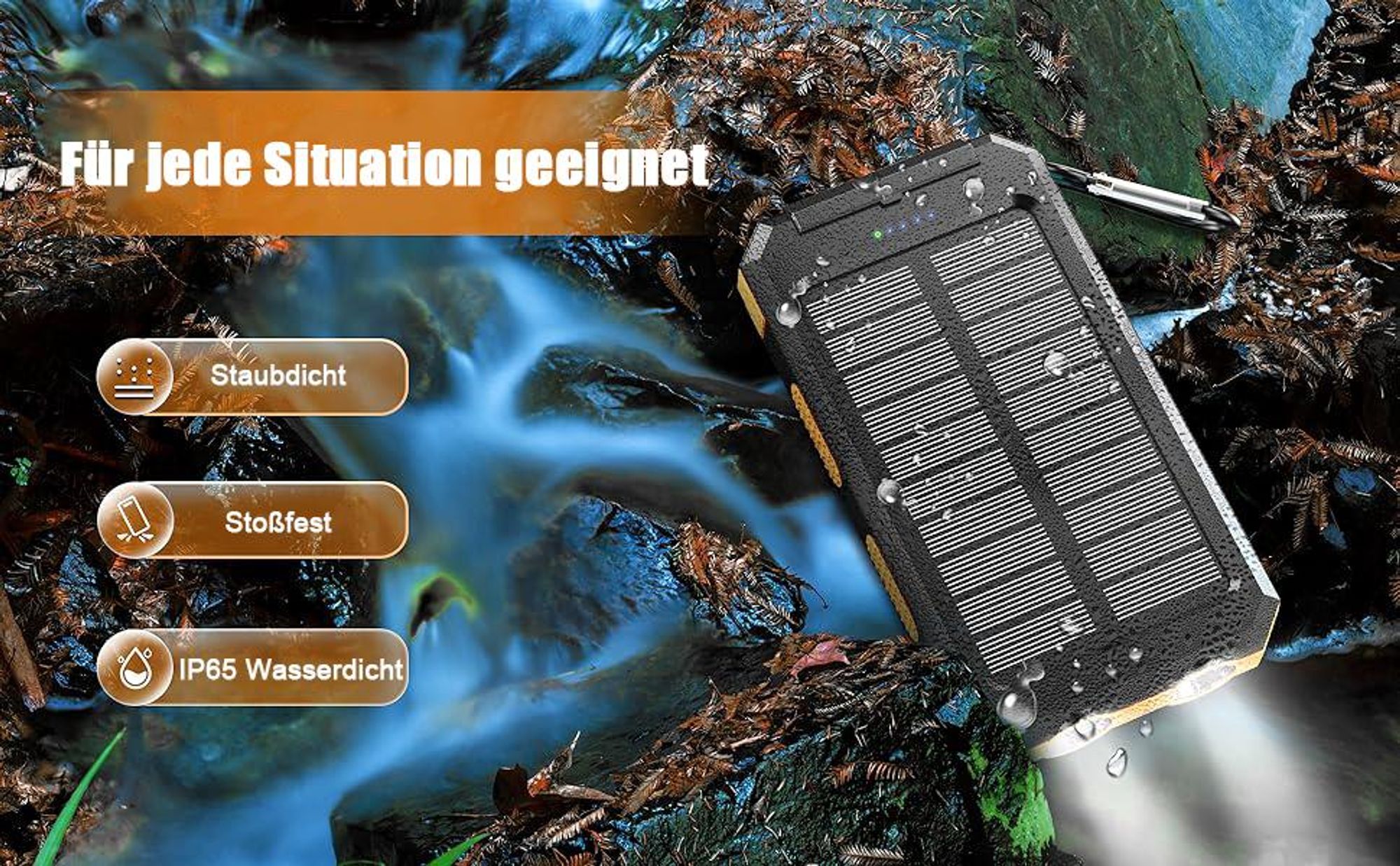 Solar Powerbank, 30000mAh Wasserdichtes Solar Ladegerät USB Externer Akku mit 2 Outputs, Power Bank für Smartphones, Tablets und mehr