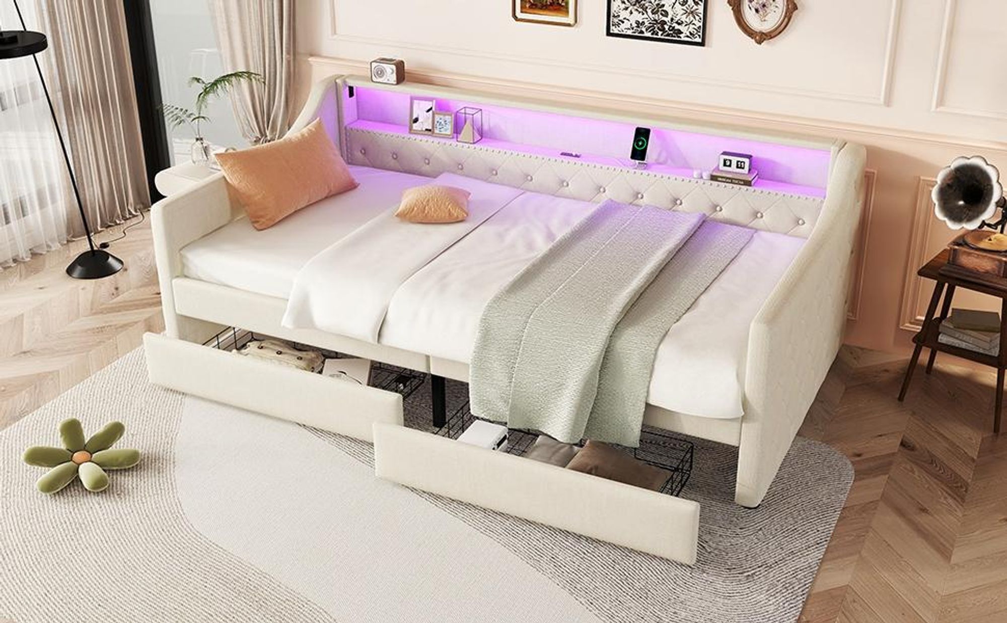 okwish Schlafsofa Daybett 90x200cm Ambientelicht mit Fernbedienung und Schubladen, Tagesbet Jugendbett mit Lattenrost und USB,(Ohne Matratze)-Beige