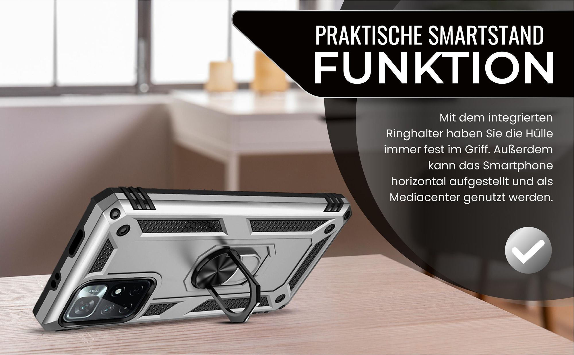 Silbernes Survival Case für Xiaomi Redmi Note 11 / 11S mit Standfunktion