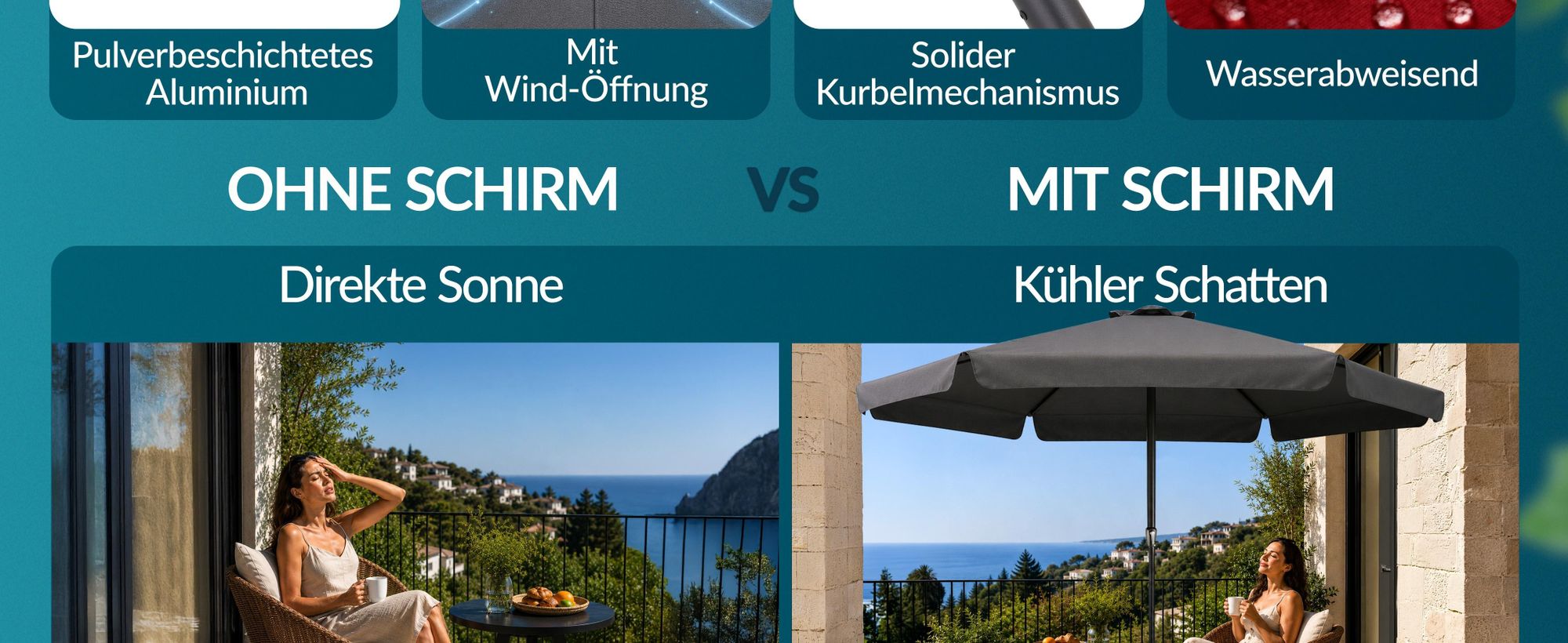 KINGSLEEVE® Sonnenschirm LED Beleuchtung UV Schutz 80+ Solar Schutzhülle 330cm Groß Kurbel Volant Balkon Terrasse Gartenschirm Marktschirm Rot