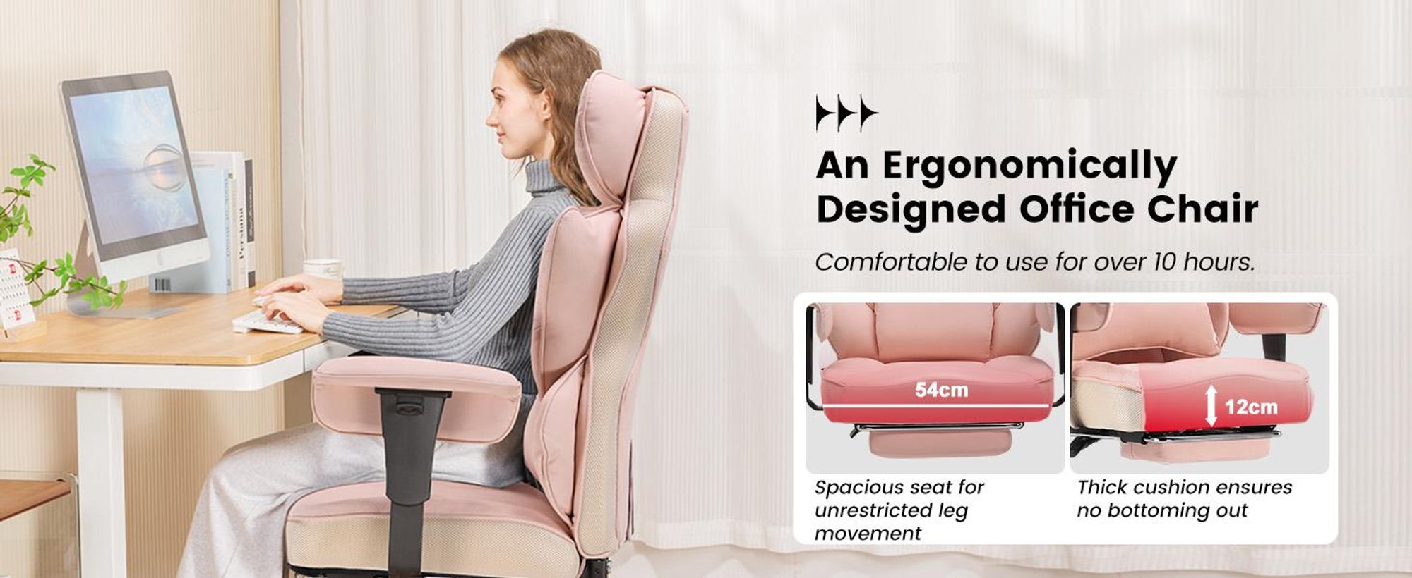 Krzesło gamingowe COMHOMA, ergonomiczne krzesło biurowe, krzesło do biurka z regulowanymi podłokietnikami, podparcie lędźwiowe na sprężynie kieszeniowej 150 kg, różowe