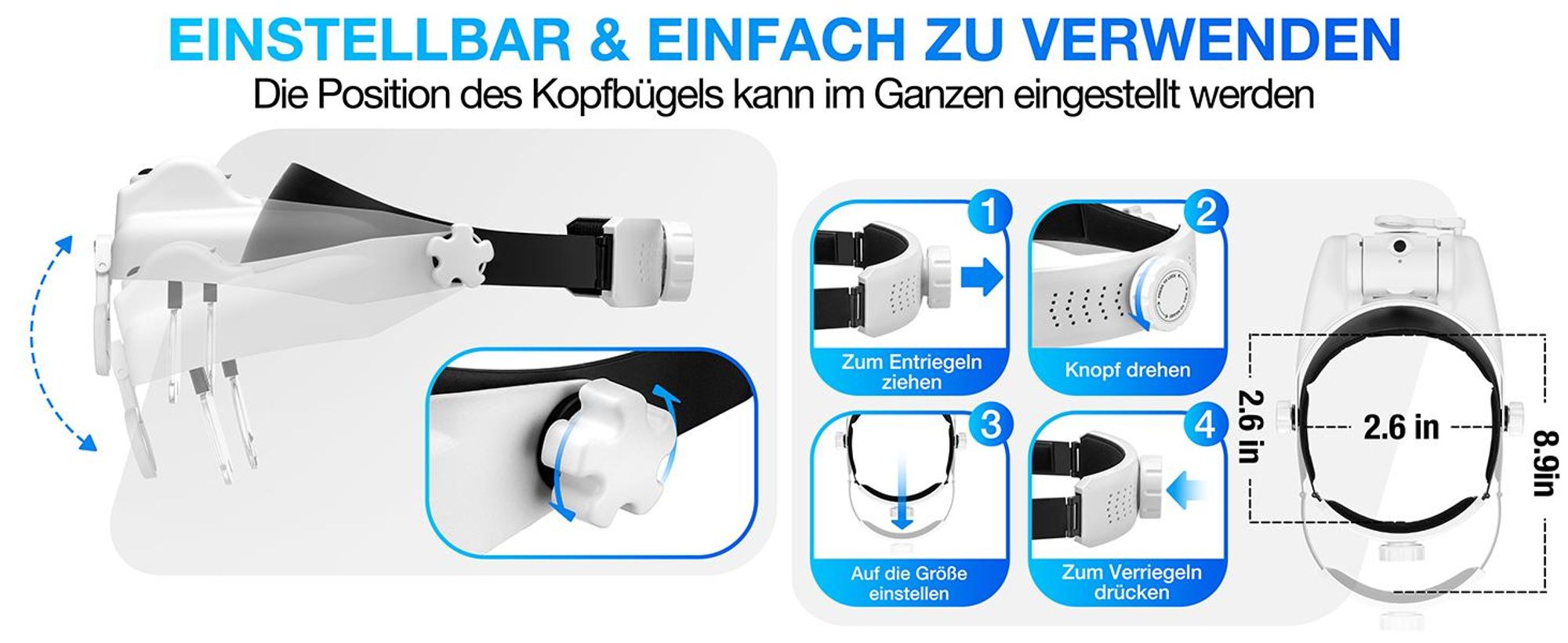 Lupenbrille mit Licht, LED Kopfbandlupe, Lupe mit Licht, 1- bis 14-fache Vergrößerung, mit 6 abnehmbaren Linsen, für Reparieren, Modellbau, Lesen