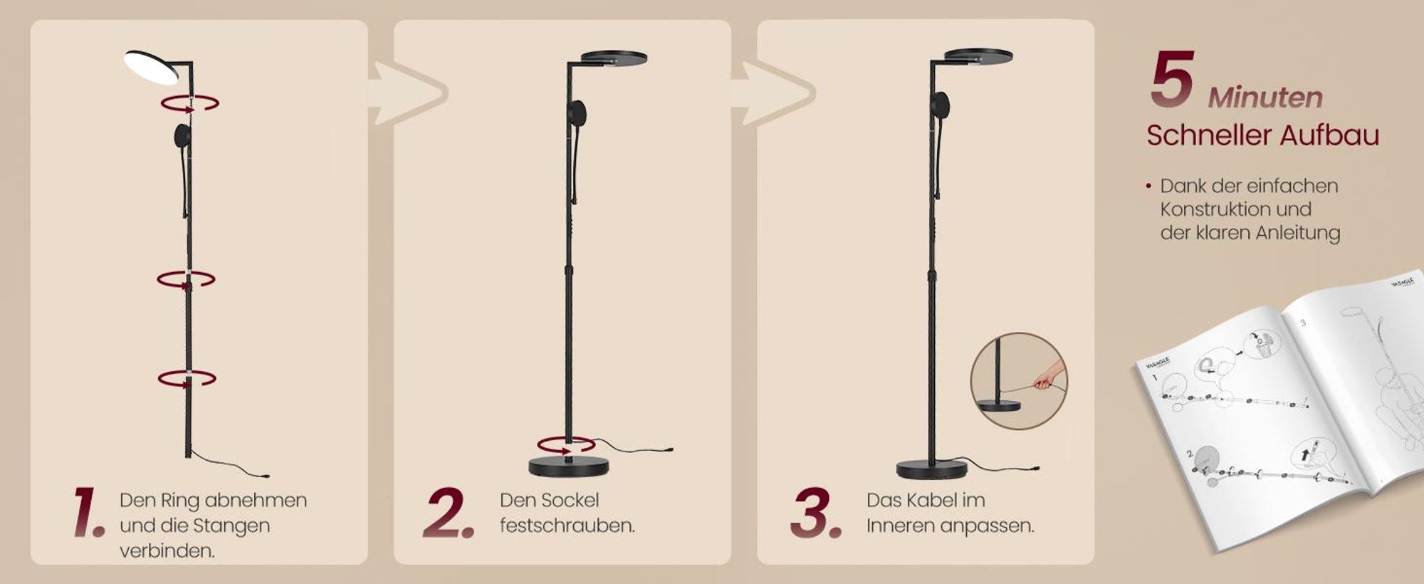 VASAGLE LED-Stehlampe höhenverstellbar, Standleuchte mit Leselampe, Timer, Schlafzimmer, Büro, Fernbedienung, schwarz