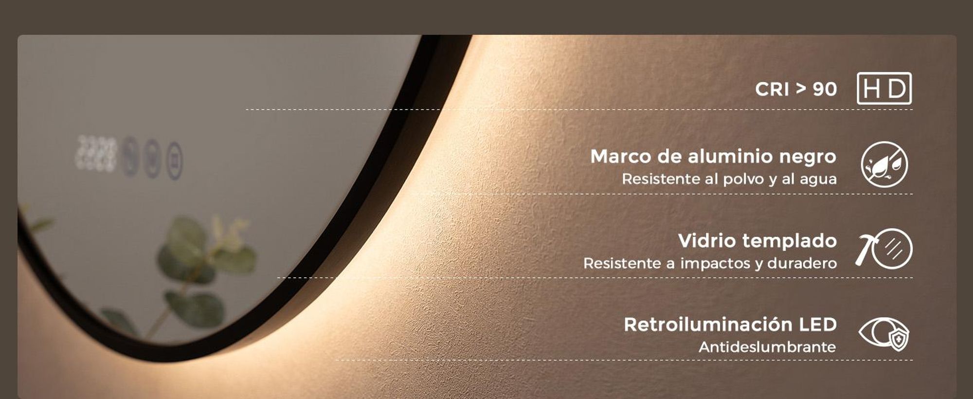 S'AFIELINA Espejo Baño LED Redondo 60 cm con Luz, Marco Dorado, Aleación de aluminio, 3 colores de luz, regulable, antivaho, reloj y temperatura