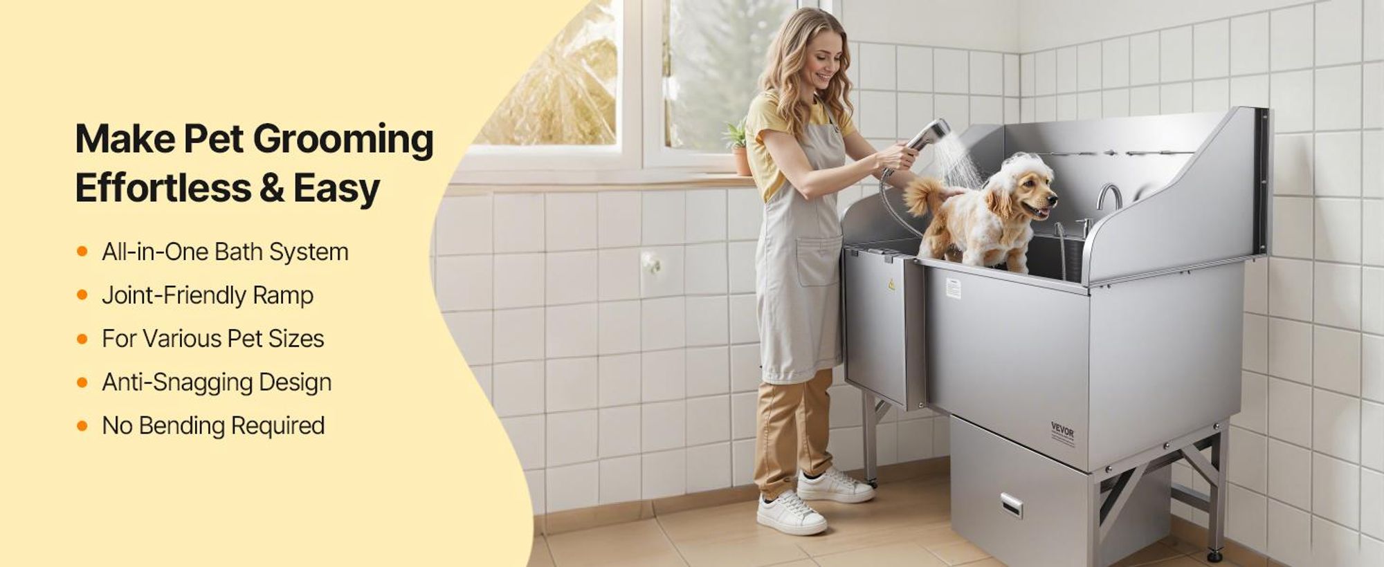 VEVOR 304 Edelstahl Hundewaschstation, 154,9 cm Haustierpflegebadewanne mit rutschfester, flacher Rampe, Stauraumschublade, Warm- und Kaltwasserhahn, All-in-One-Bad für den Friseursalon, geeignet für alle Größen (Rechte Tür), 61 Zoll-Rampe-Rechts
