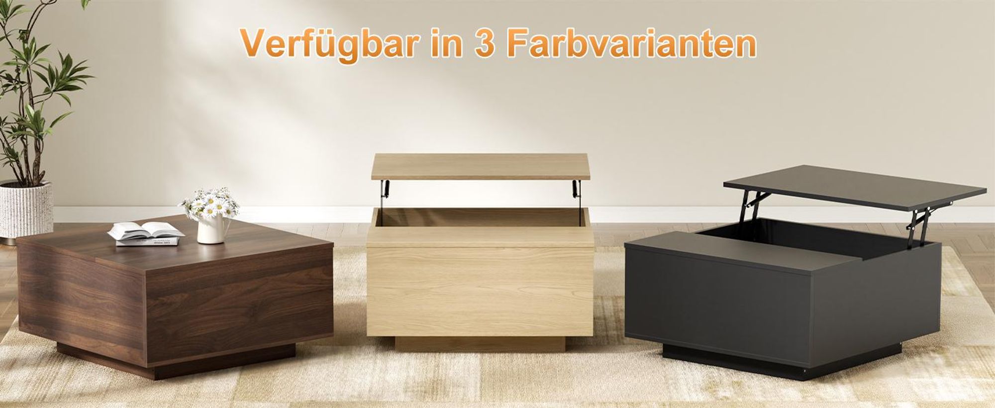 FABATO Couchtisch eckig, höhenverstellbar mit verstecktem Staufach, Landhaus-Design in Natur