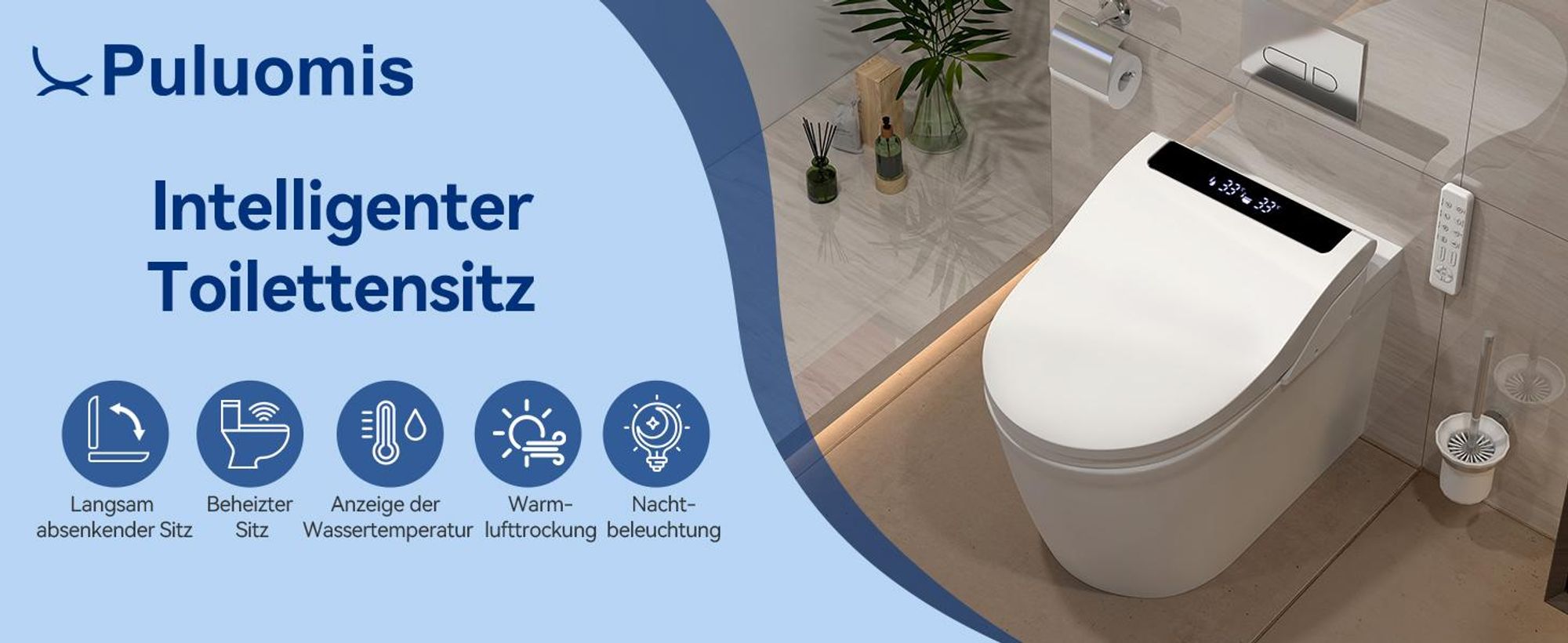 Puluomis Intelligenter Toilettensitz mit Warmwasser, Warmluft, Heizsitz, Duschfunktion, Trocknung,  4-Temperaturstufen, LCD-Display, Nachtlicht lang