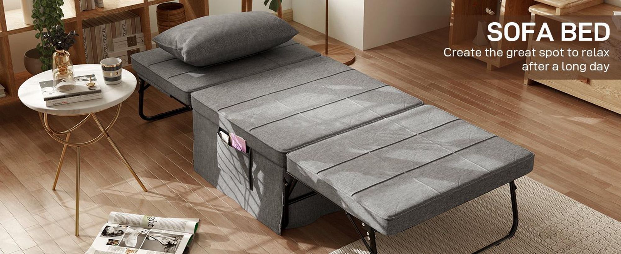 Łóżko składane HOMCOM 4 w 1 75 x 190 cm, łóżko dla dorosłych, składane, z 8-centymetrową grubą pianką, łóżko podróżne z metalową ramą, łóżko pojedyncze z 5-poziomową regulacją wysokości i poduszką, nośność do 150 kg