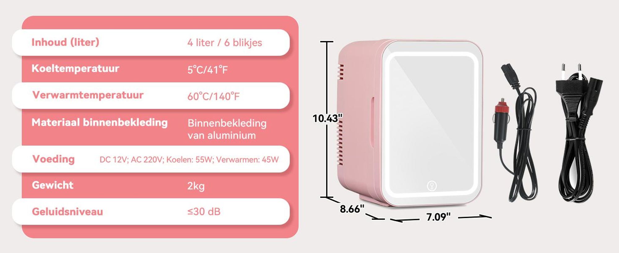 Puluomis Mini-koelkast 4L met LED-spiegel, draagbaar, geschikt voor cosmetica, als koelbox en verwarmingsbox, roze/lichtroze