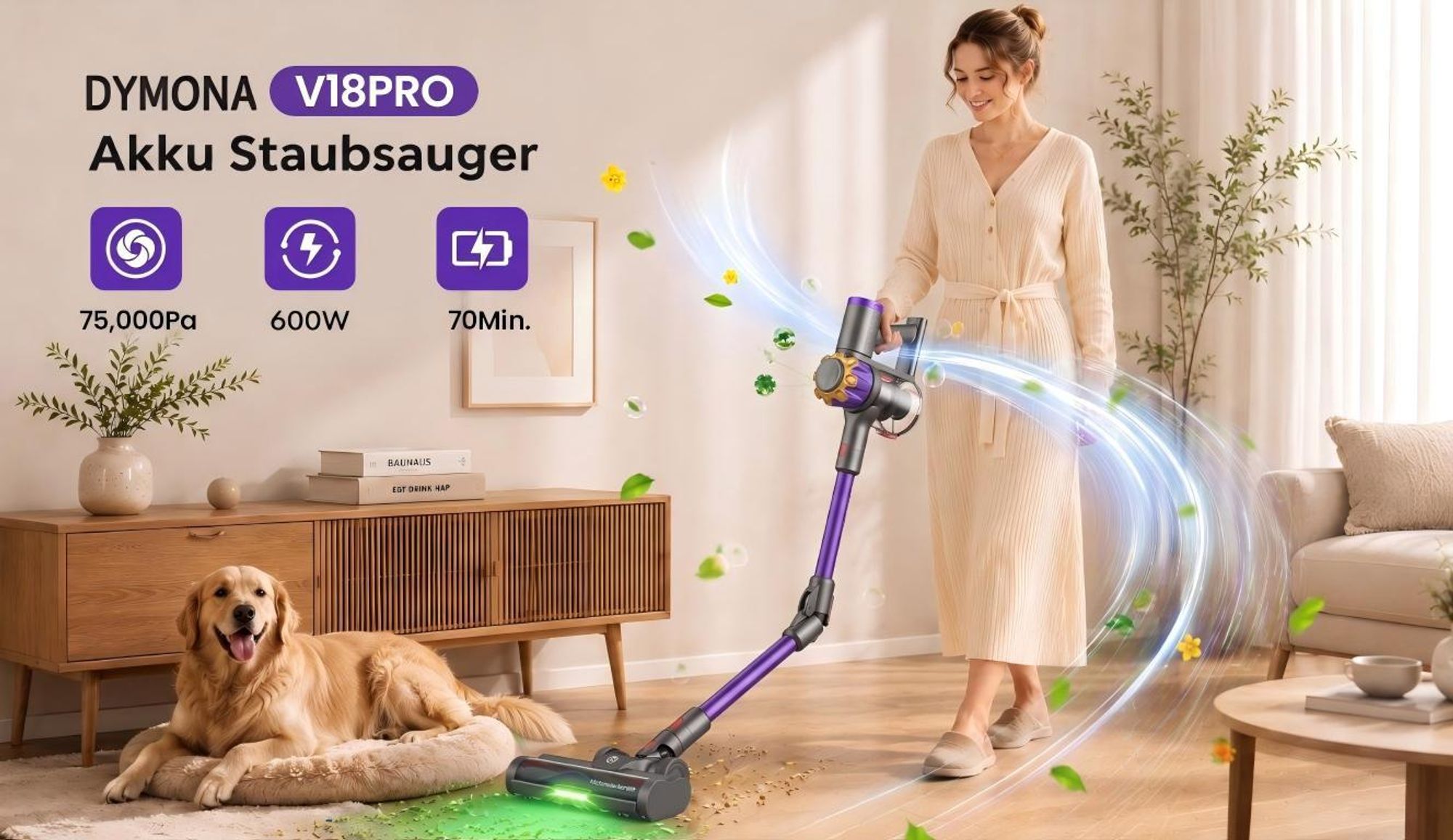 75000Pa Akku Hand Stielstaubsauger 600W/70mins Akkustaubsauger,Ultraleiser Staubsauger Kabellos SmartDisplay Leichter Antiverwicklung,handstaubsauger