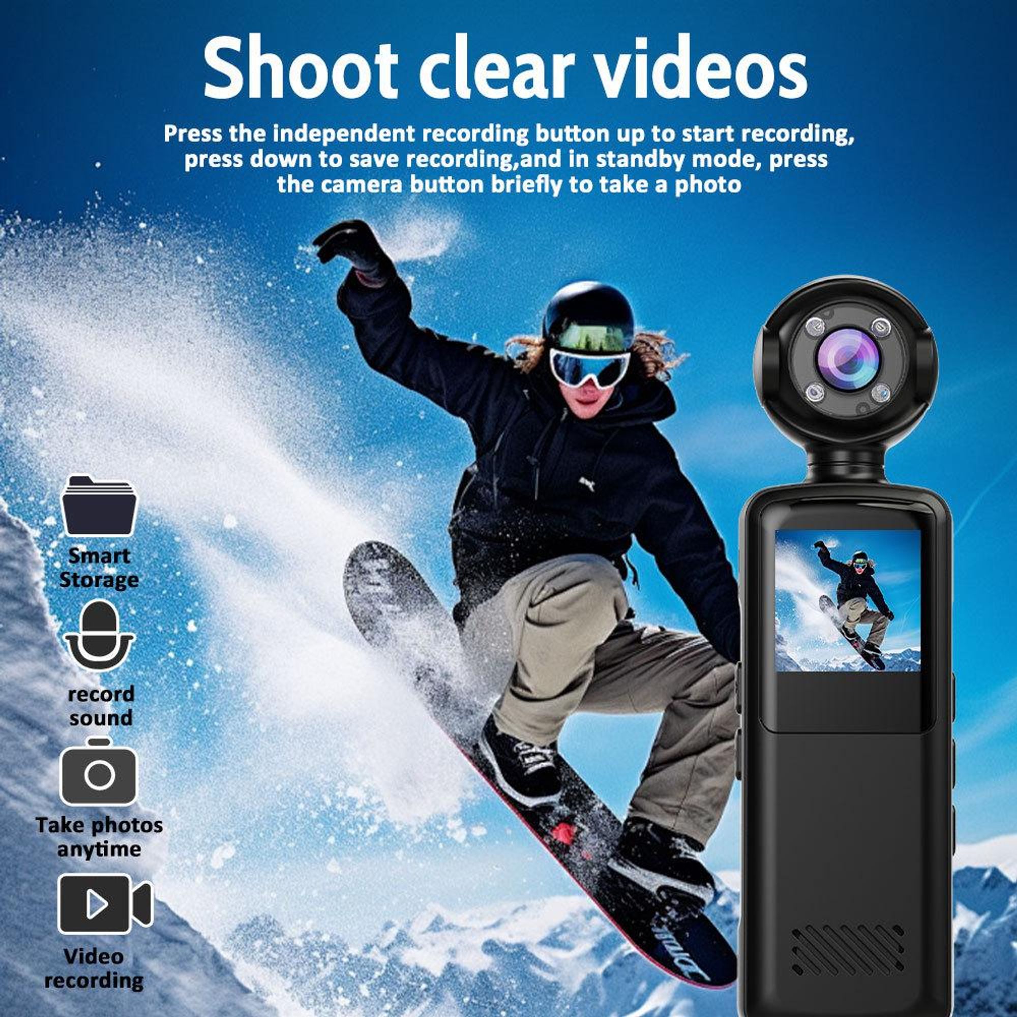 1080p-HD-Actionkamera handgeführte und aufsteckbare kompakte tragbare Taschenkamera mit Nachtsichtfunktion und Bildstabilisierung für Outdoor-Sport