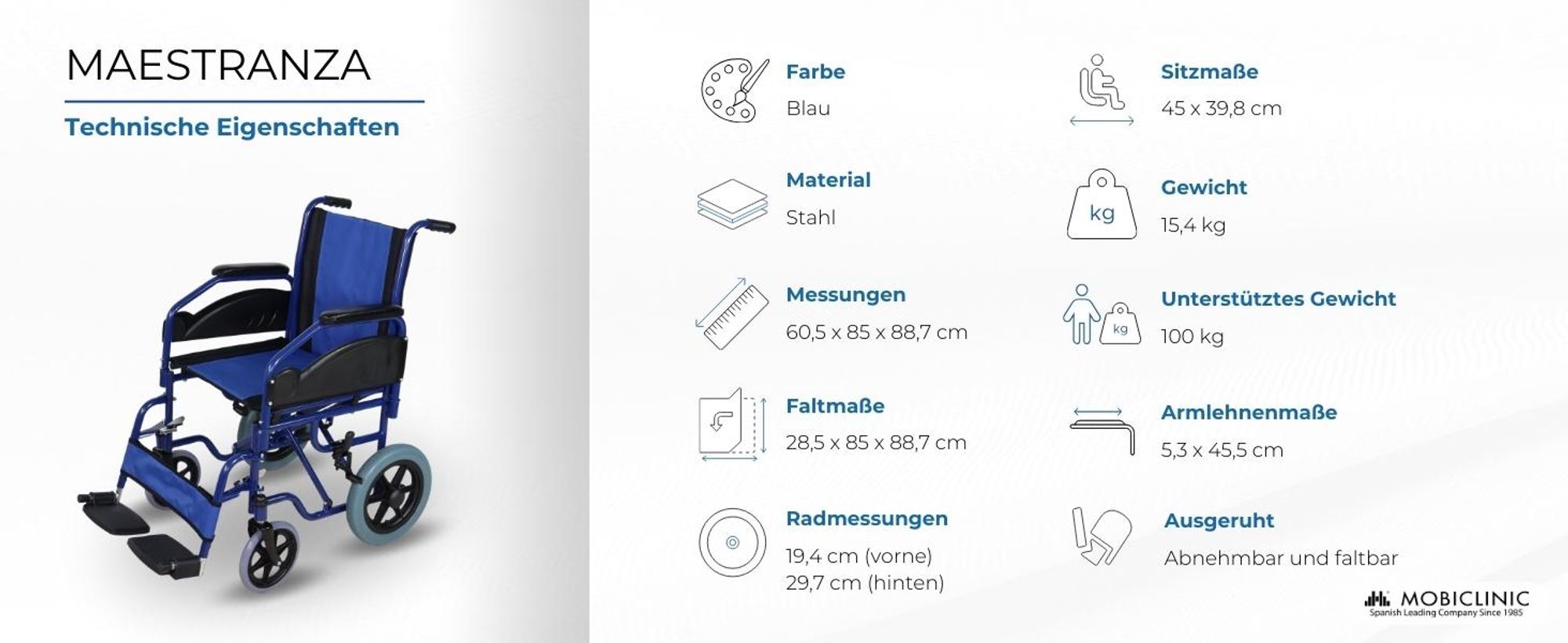 Rollstuhl faltbar Mobiclinic Feststellbremse Sitzhöhe 45 cm abnehmbare Fußstützen klappbare und gepolsterte Armlehnen stabil blau Maestranza
