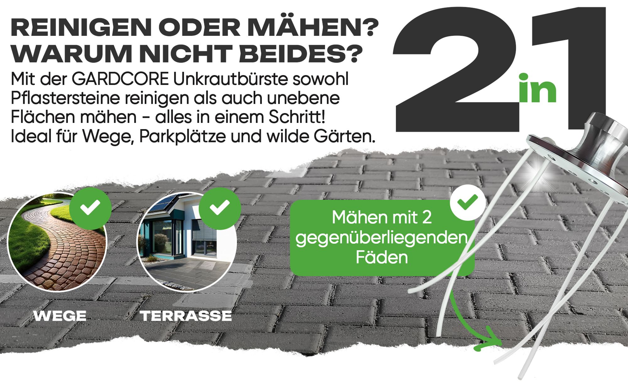 Mähen & Pflaster reinigen,Unkrautbürste Nylonbürste Wildkrautbürste für Motorsense + Montageset,2in1 Unkrautbürste Freischneider