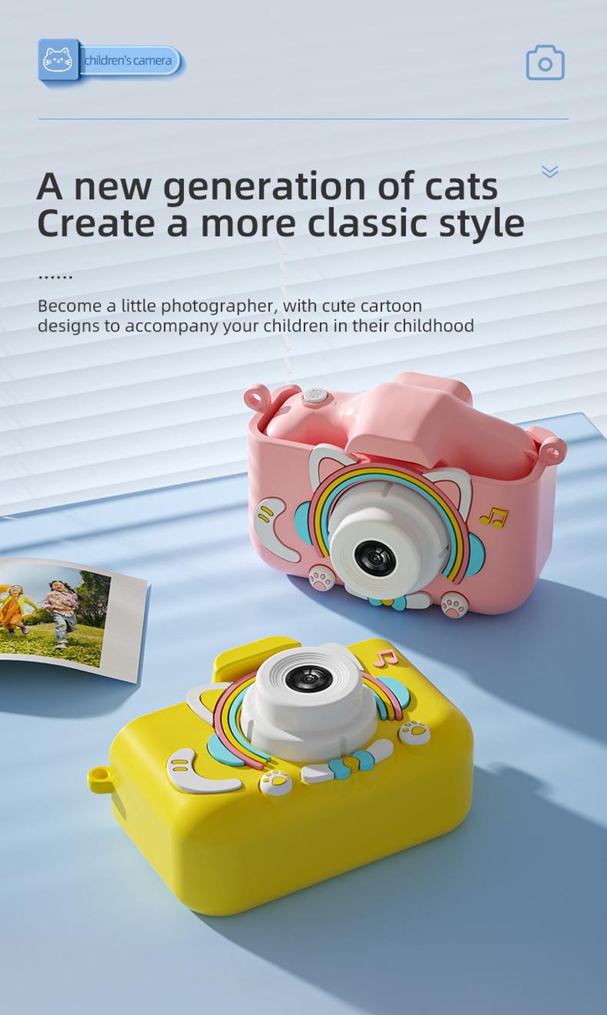 ZELURXX Kinderkamera, Cartoon-Katze Design, Dual-Kamera, IPS Augenschutz-Bildschirm, 1080P Video, Spiele Musik, Kreative Sticker, Gelb