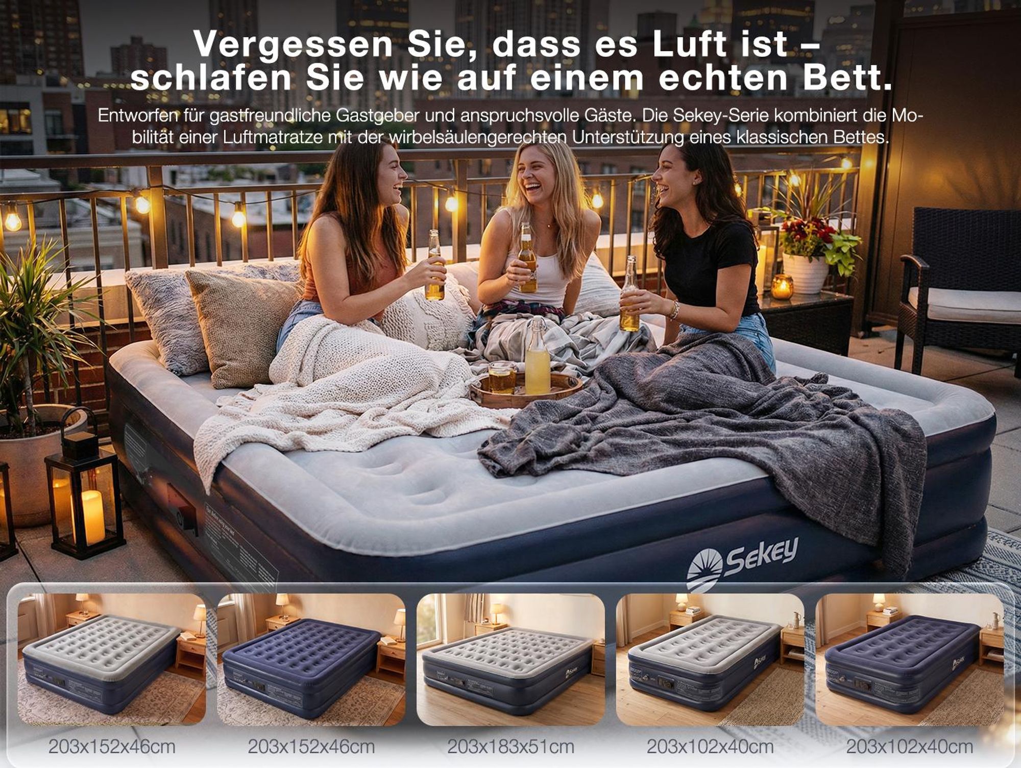 Sekey 203 x 183 x 51 cm Luftmatratze Selbstaufblasend Luftbett mit integrierter Pumpe für 2 Personen, Grau