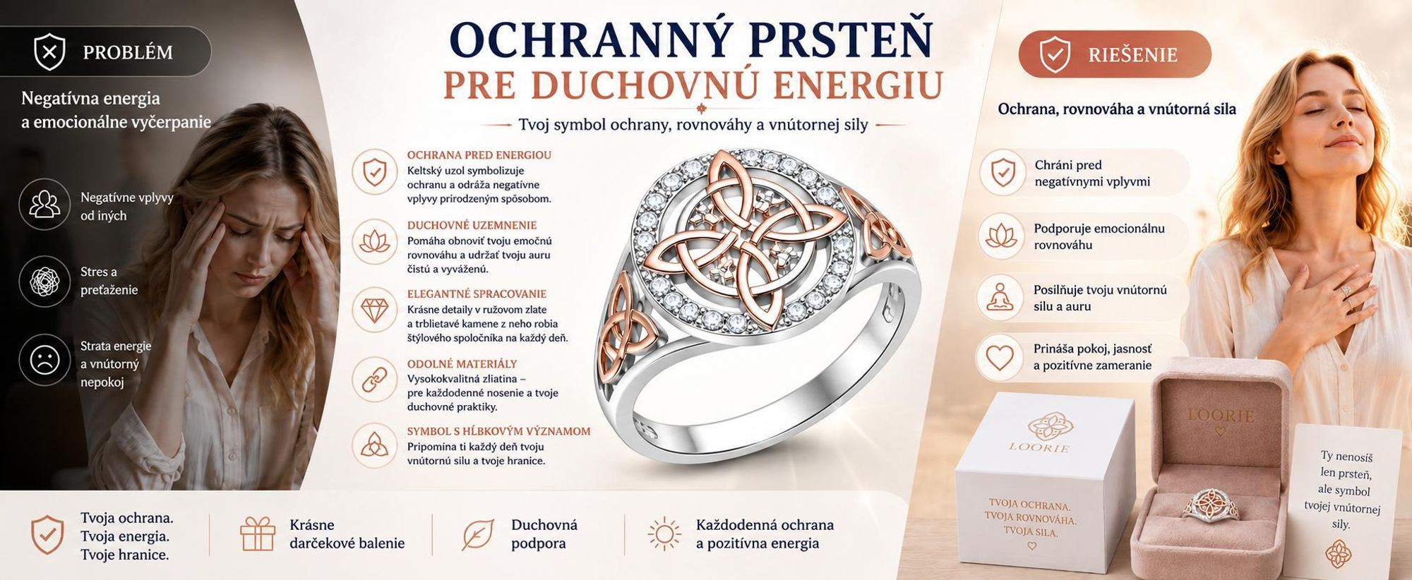 Dámsky prsteň s motívom čarodejníckeho uzla a ochrannými kameňmi, dámsky prsteň s uzlom v ružovozlatej farbe, prsteň meniacich farieb – LOORIE 6