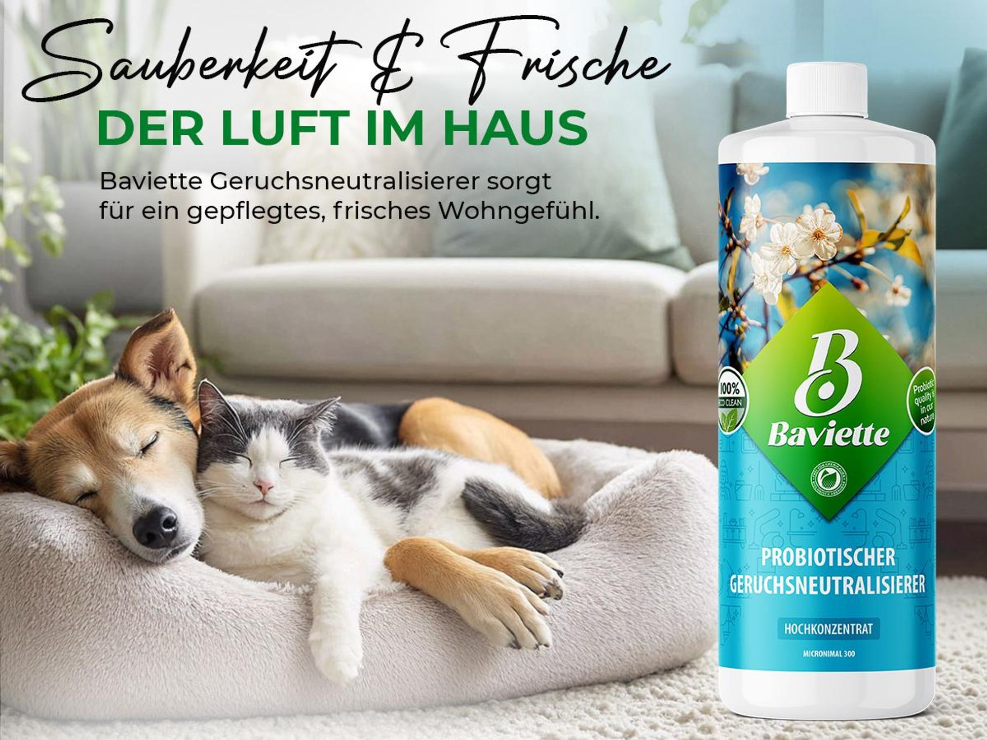 Baviette Geruchsneutralisierer 500 ml Konzentrat – gegen Tiergerüche & Alltagsgerüche in Haushalt, Teppich, Polster & Auto