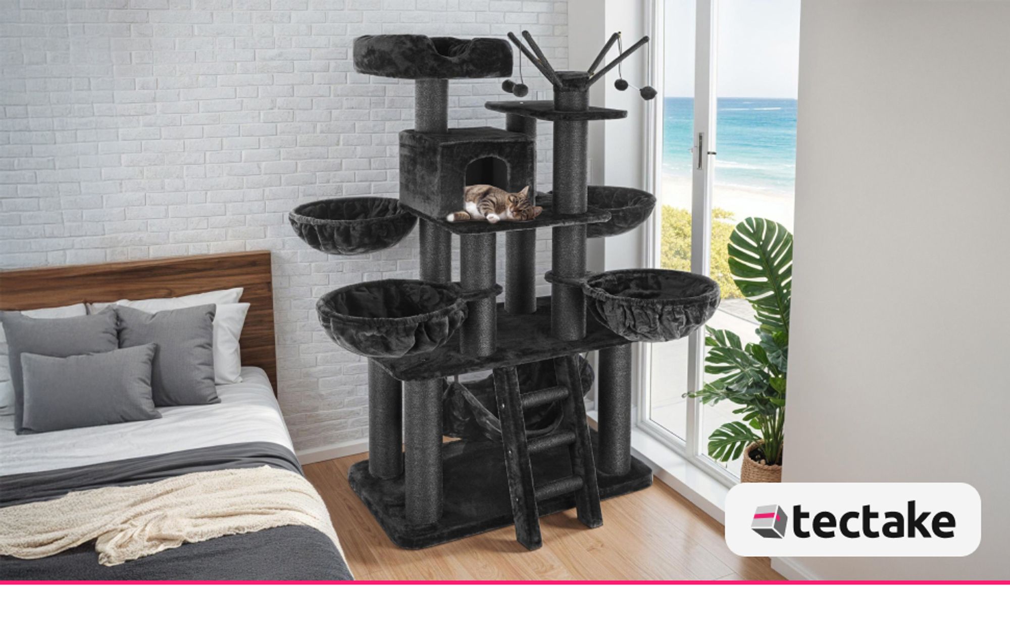 tectake® Kratzbaum Gismo 195 cm inklusive Treppe, 4 Spielbällen und Kippschutz