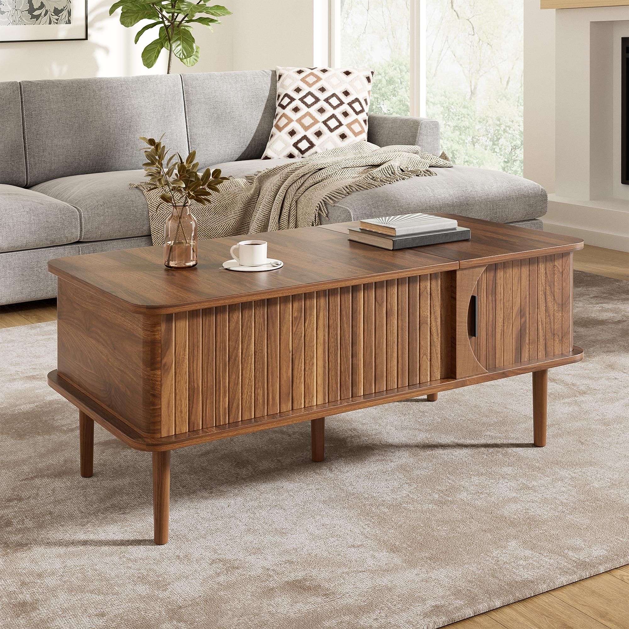 Merax höhenverstellbare Couchtisch mit verschiebbare Tür, Wohnzimmertisch aus MDF mit vertikale Rillen, Sofatisch mit Holzbeine, Nussbaum