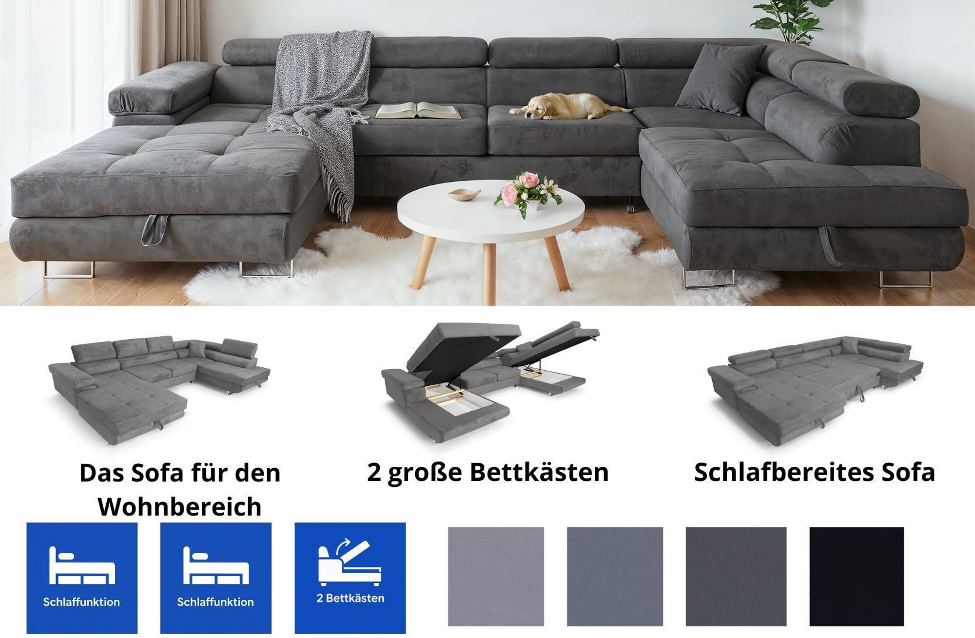 Grafitgraues Ecksofa mit Infografik: Wohnsofa, 2 Bettkästen, schlafbereites Sofa, Stoffmuster