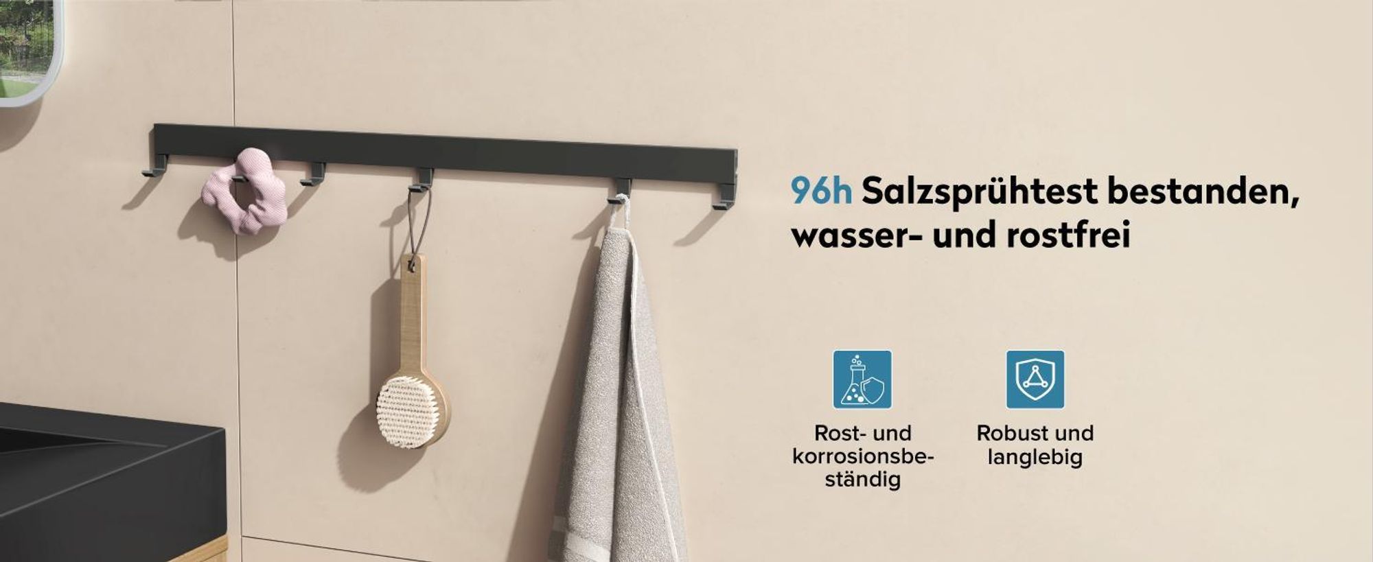 doporro Wandgarderobe aus Aluminium mit verschiebbaren Garderobenhaken, Garderobenleiste mit Kleiderhaken für Flur, Bad, 40 cm, Matt Schwarz, Stalo10