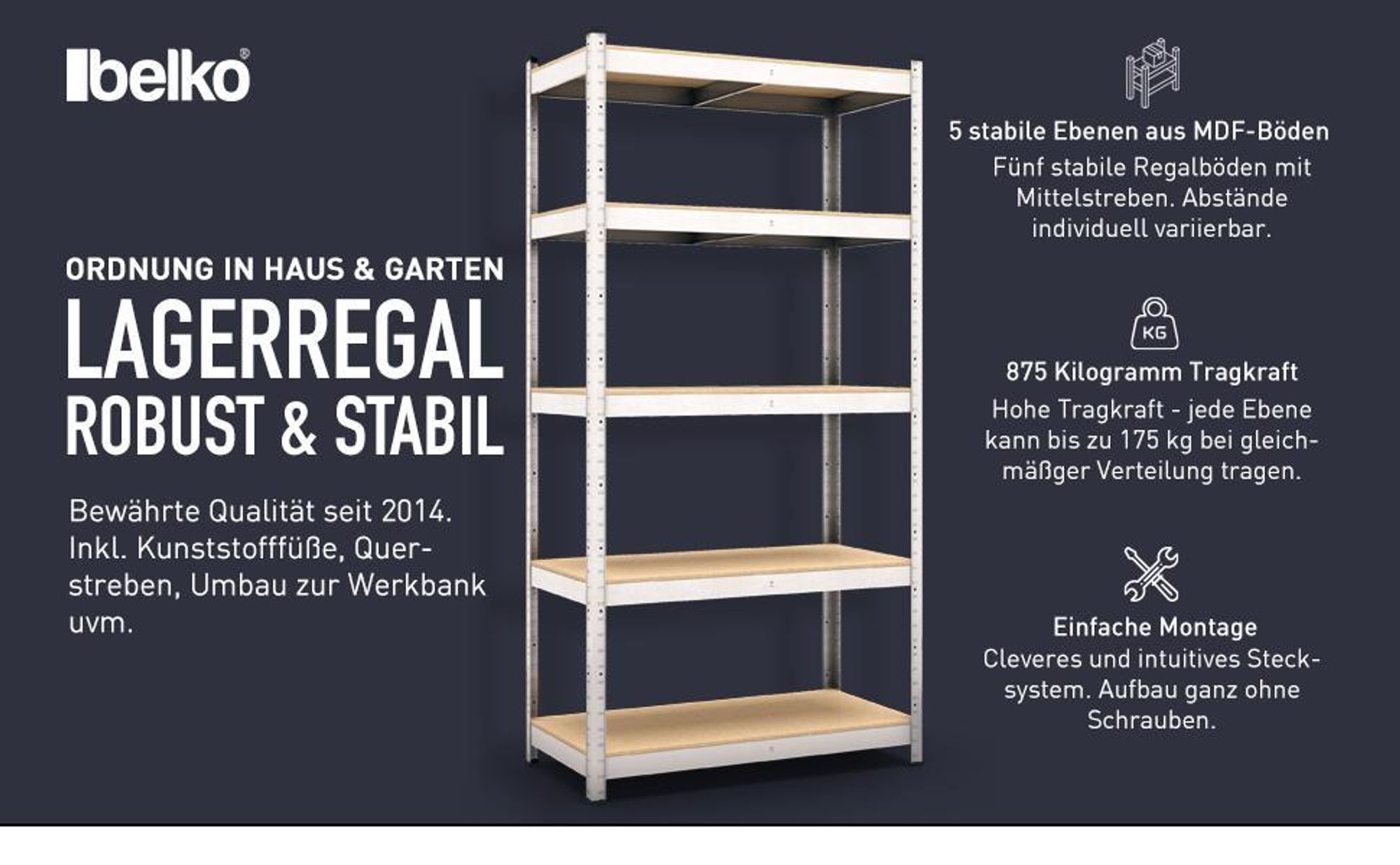 Steckregal 2x Werkstattregal 1800x900x400 mm, 5 Ebenen, verzinkt, Traglast gesamt 875 kg, Kellerregal Schwerlastregal Metallregal Lagerregal