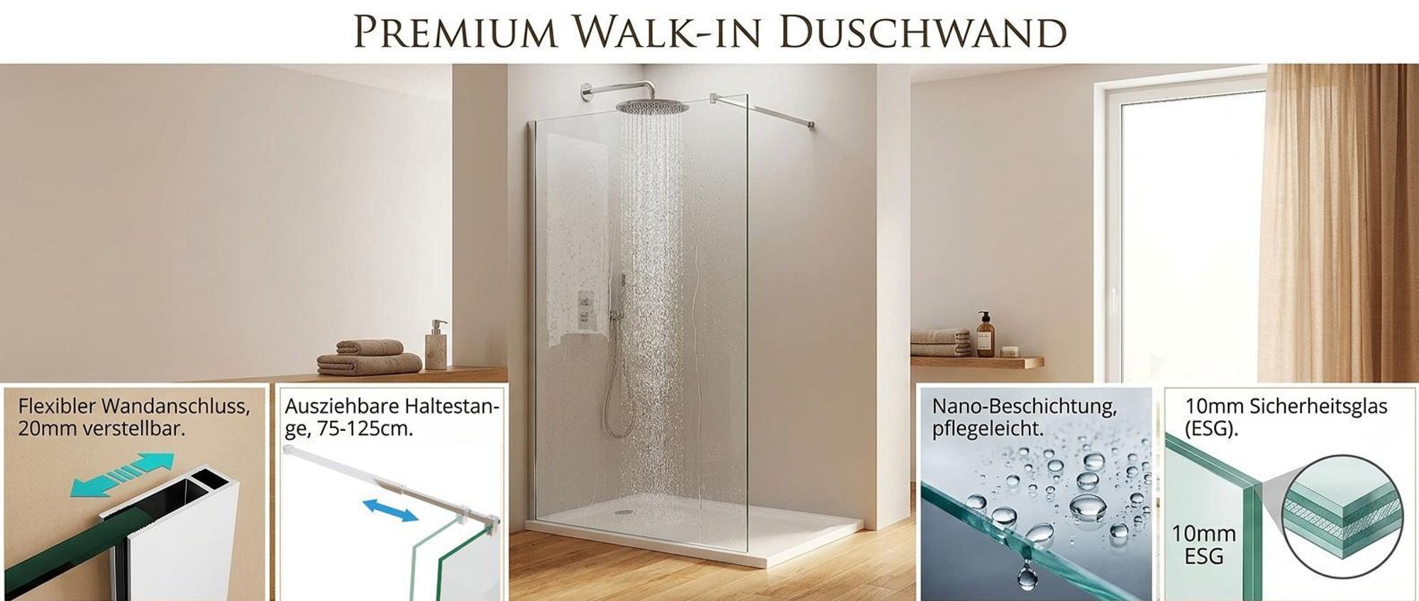 Duschabtrennung Walk in Dusche 100 x 195cm Duschwand Duschtrennwand 8mm ESG NANO klares Glas CD