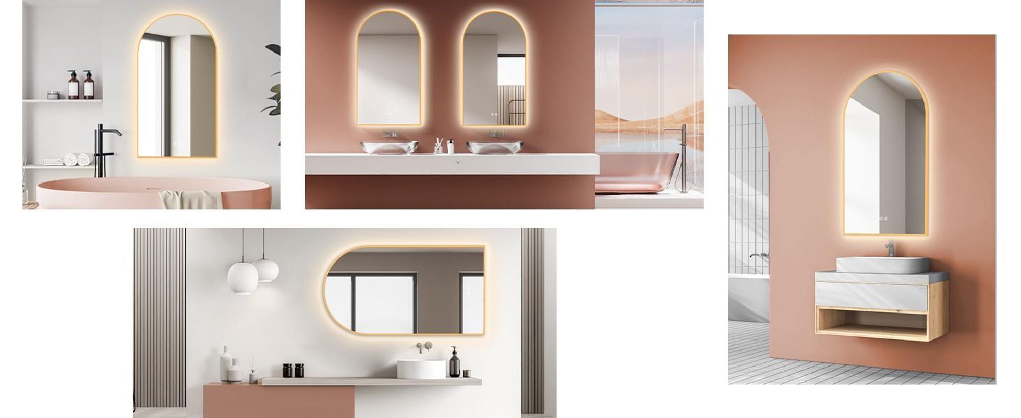HOKO® LED Badspiegel Bogen Beschlagfrei 50x90 cm / 90x50 cm San Diego mit Goldener Metallrahmen, HOCH+QUER Montage. Arch+Touch Schalter+Licht Wechsel