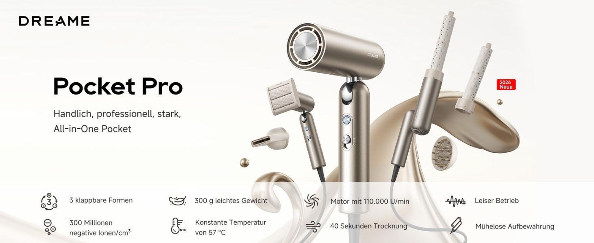 DREAME Pocket Pro Haartrockner,3 klappbare Formen,300g,110K U/min Motor,300M negative Ionen/cm³,konstant 57°C,40s NTC-Trocknung,2026 Neue Version,Gold