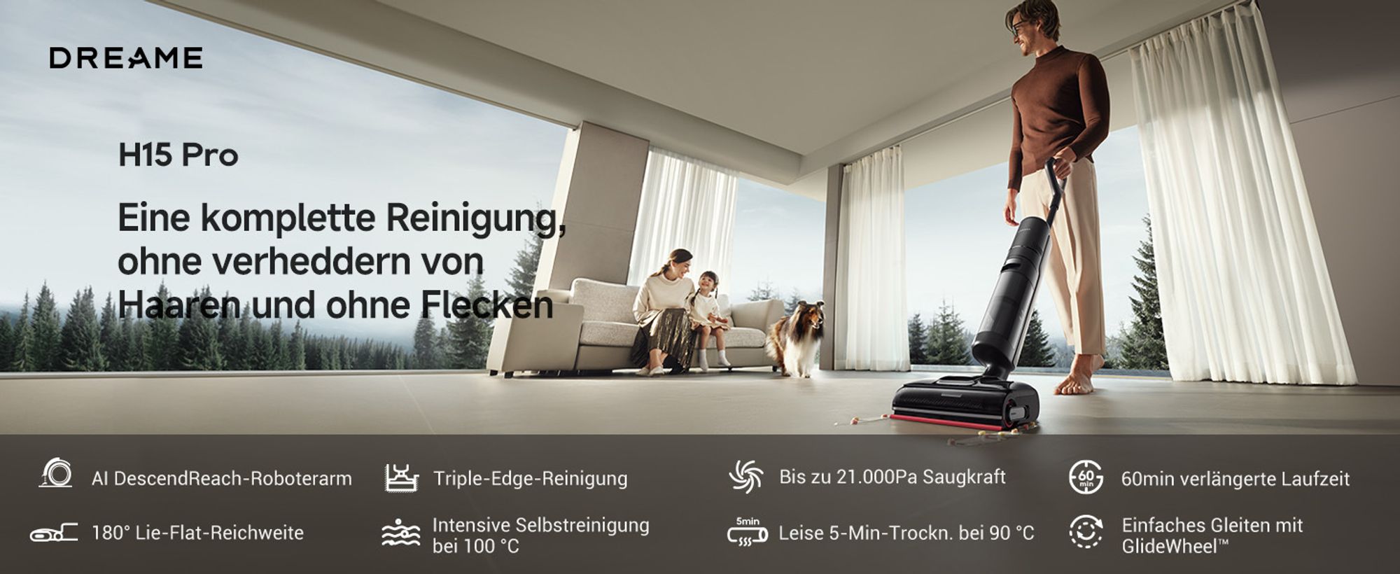 DREAME H15 Pro Nass- und Trockensauger, GapFree AI DescendReach Roboterarm, dreifache Kantenabdeckung, 21kPa Saugleistung, 0 Tangle, 180° Lie-Flat