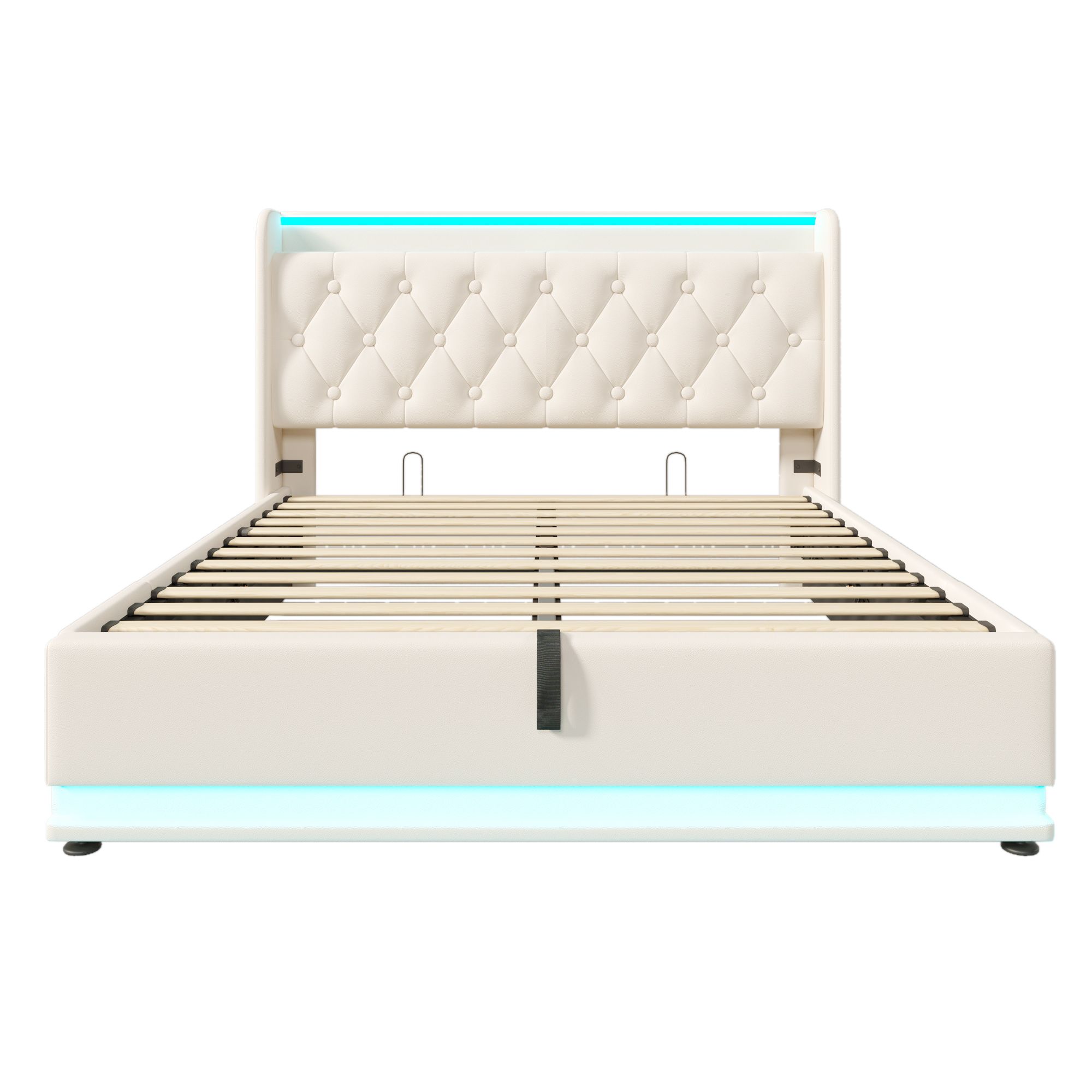 Flieks Polsterbett 140x200cm mit Ladefunktion (USB&Typ-c), Jugendbett Doppelbett Stauraumbett mit LED, Hydraulisches Boxspringbett, PU, Weiß