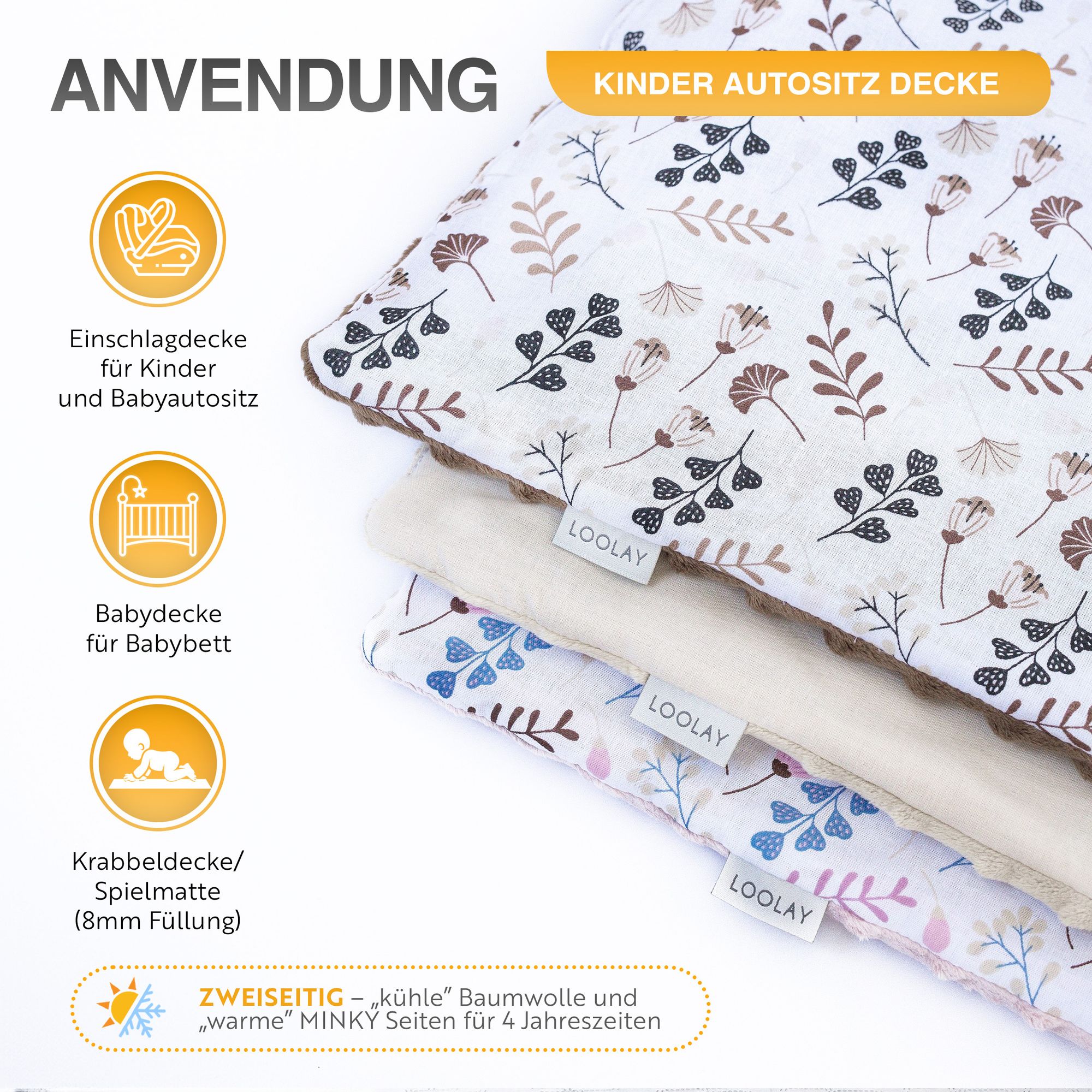 90 x 90 cm Einschlagdecke für Kinder Autositz und Babyschale Babytrage Kuscheldecke Kinderwagendecke Babydecke PREMIUM Geschenk - Glatt BEIGE/ MINKY