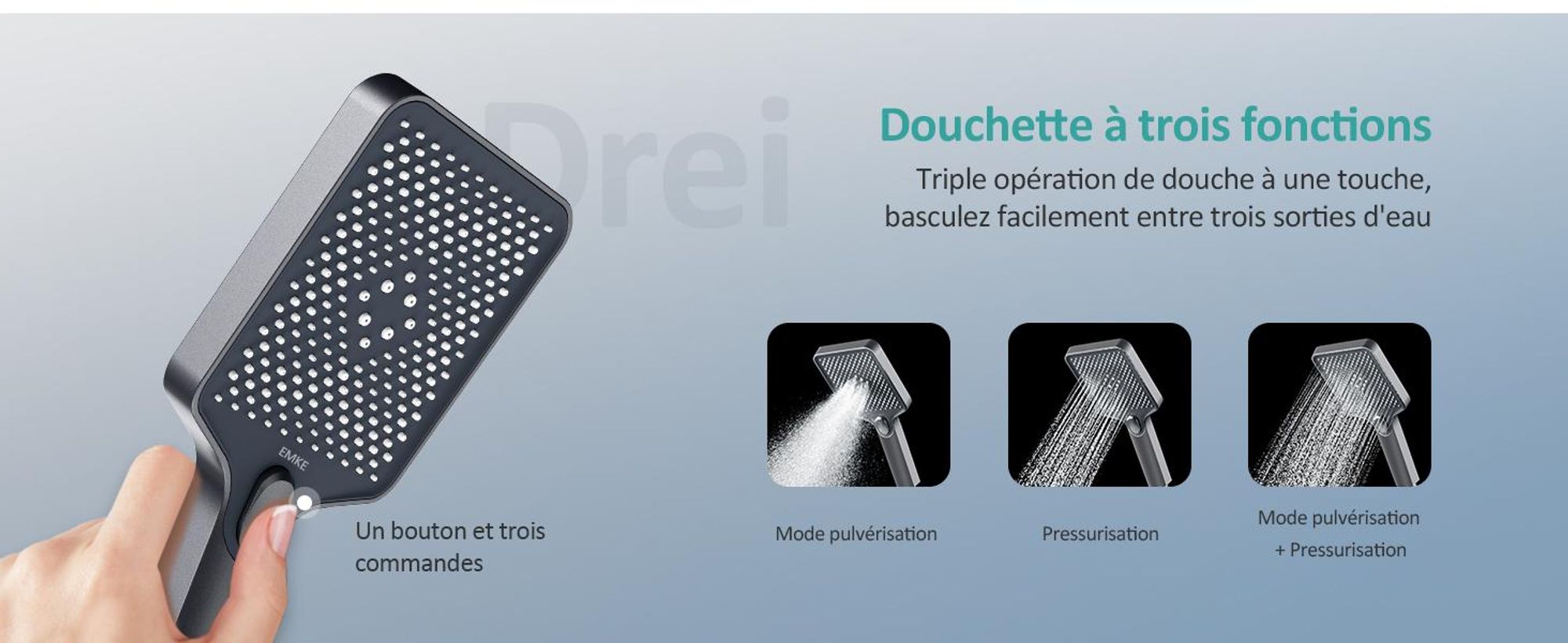 EMKE Système de douche avec thermostat 1146x450x480mm tablette en verre douchette à main avec 3 types de jets douche de pluie, robinetterie de salle de bains & douche, KTW, anthracite mat F10