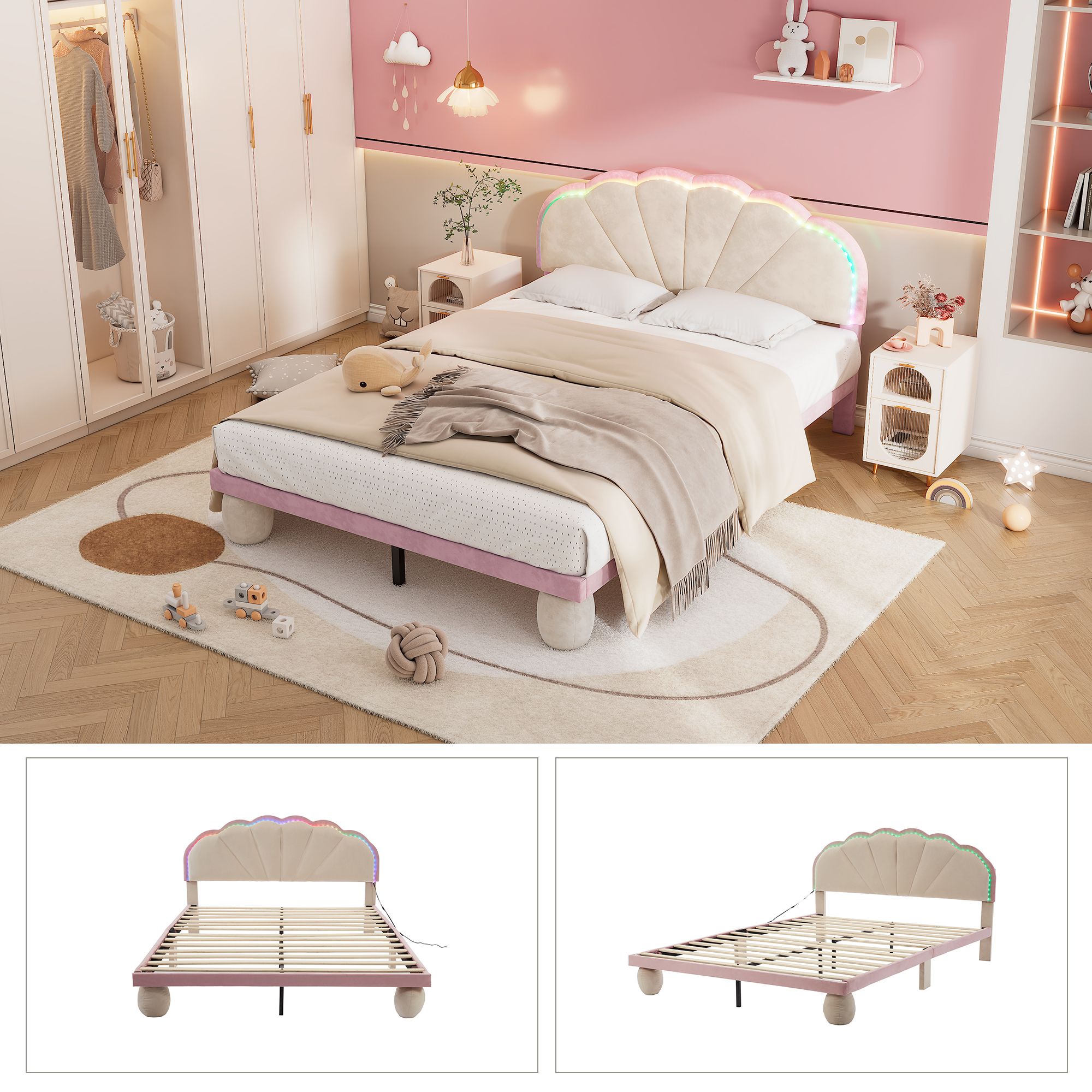 Merax Polsterbett 140x200cm mit LED, Kinderbett mit Blumenform-Kopfteil, Doppelbett mit Lattenrost und runden Beine,Funktionsbett, Samt, Blau/Beige