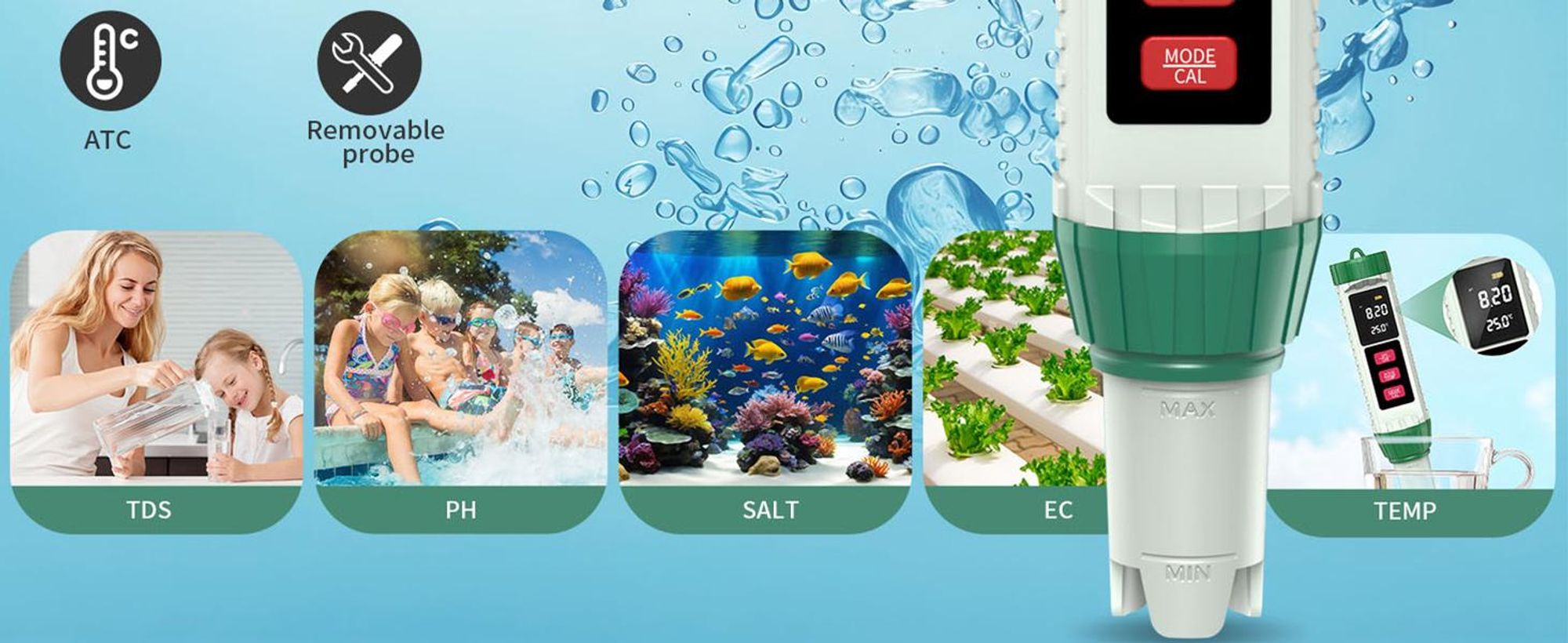 Pool Messgerät 5 in 1 pH Wert Messgerät, pH/EC/TDS/Salzgehalt/Temperatur Hohe Präzision Wassertester mit VA-Display, für Pool,Trinkwasser