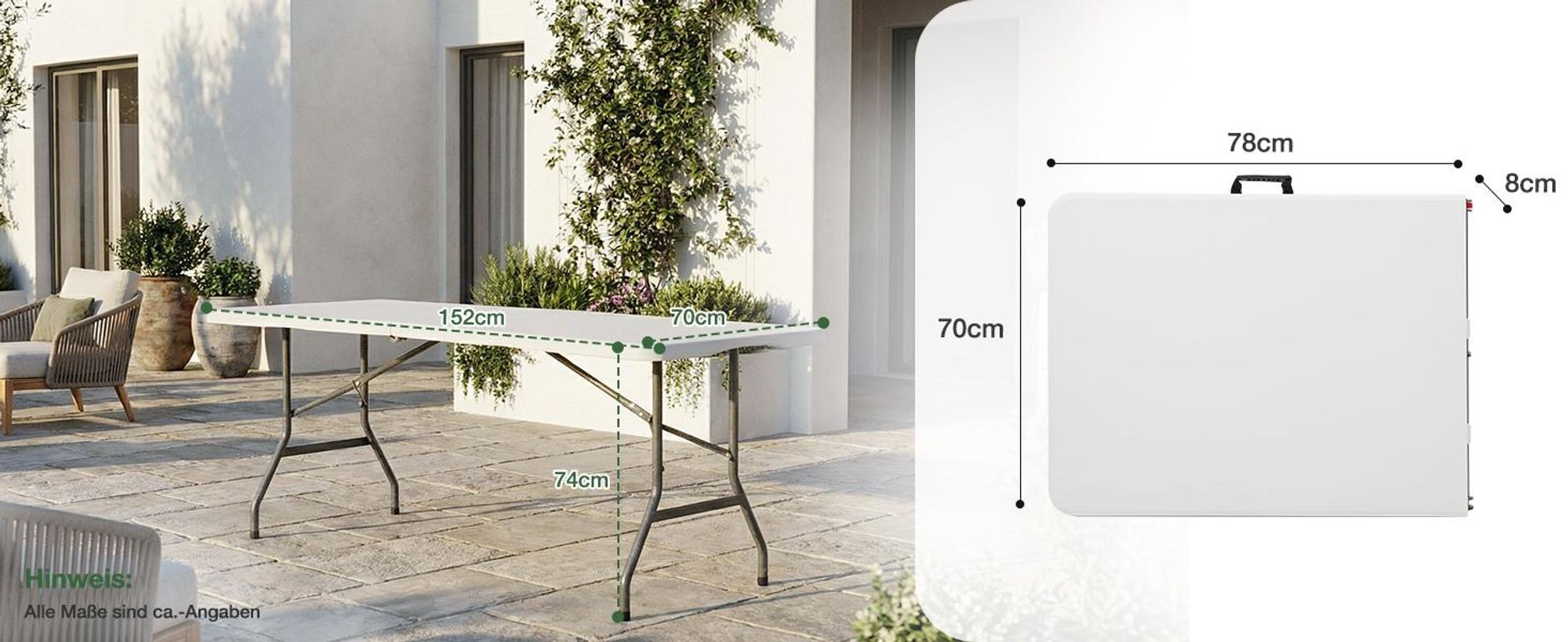 Sekey Buffettisch Klappbar Campingtisch Kunststoff mit Tragegriff, 152x70cm, Weiß