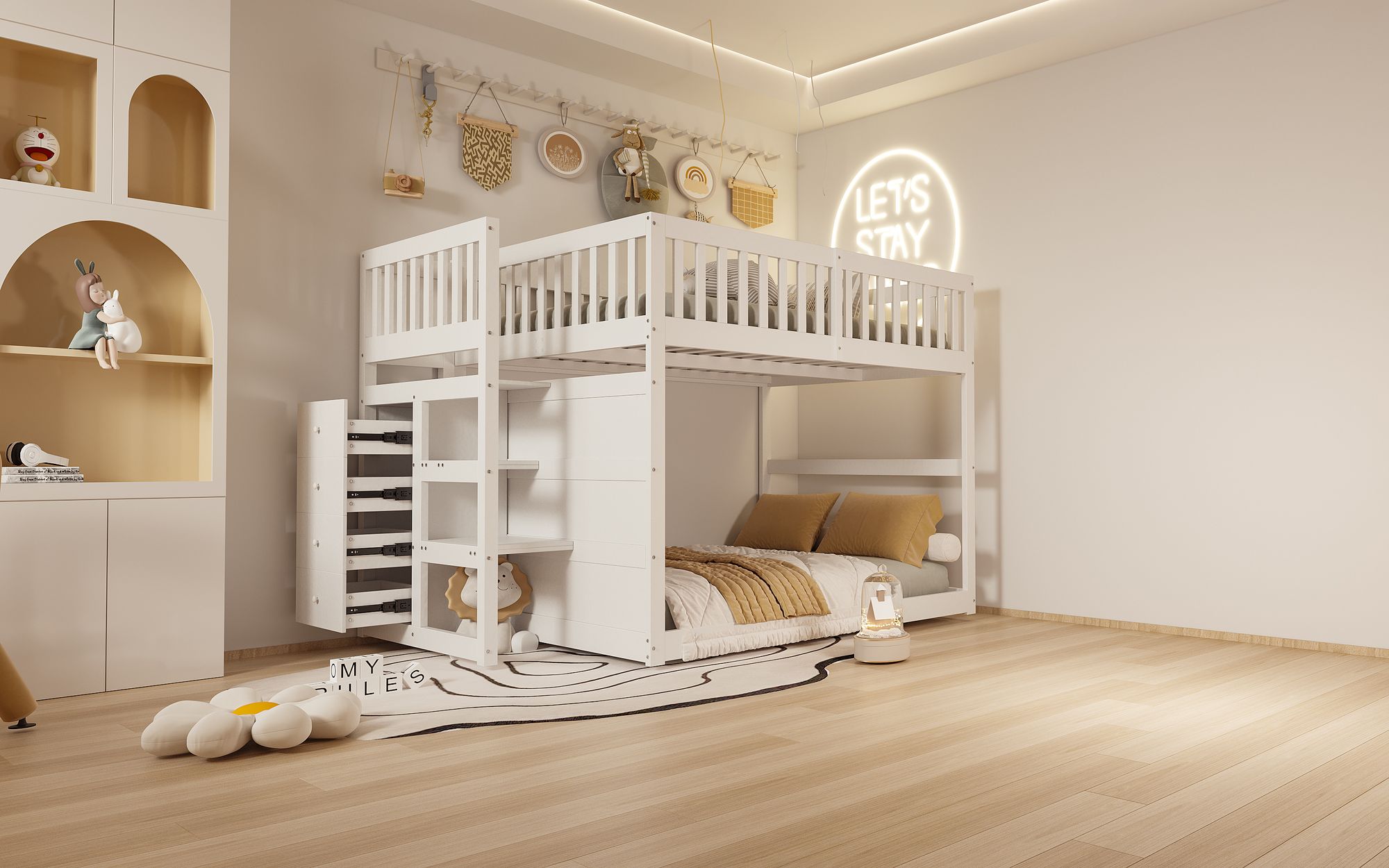 Merax Etagenbett 140x200cm mit Lattenrost, Hochbett mit Staufach und Schublade, Kinderbett mit Rausfallschutz und Treppe, Holzbett Jugendbett, Weiß