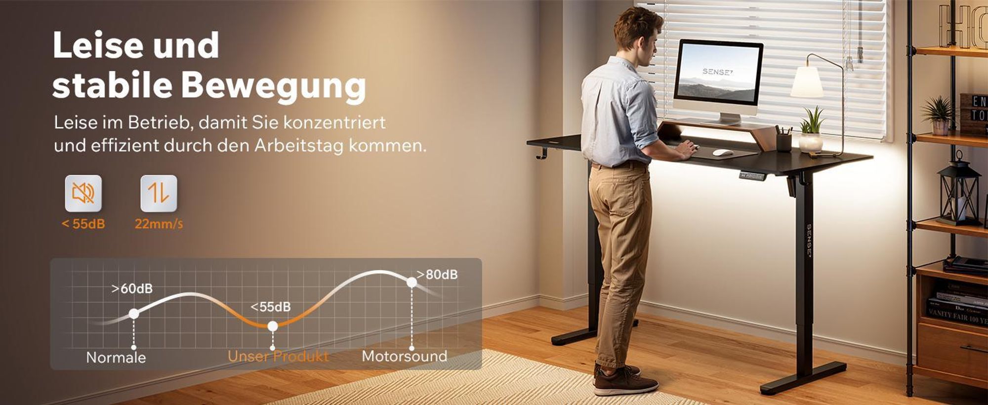 SENSE7 NOJO LIGHT Höhenverstellbarer Schreibtisch Elektrisch 120x60 cm Schwarz Gaming Tisch Computertisch Standing Desk Memory Home Office PC Tisch