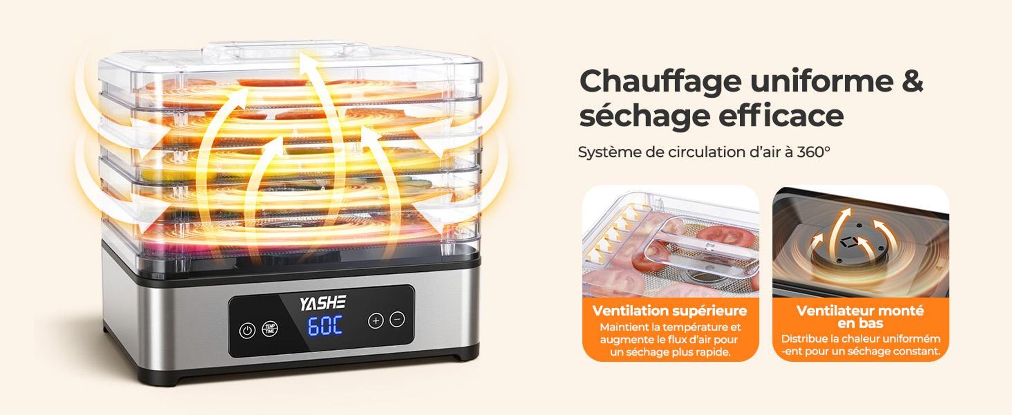 Déshydrateur YASHE FD-1019 5 grilles inox, 400 W, 35–70 °C