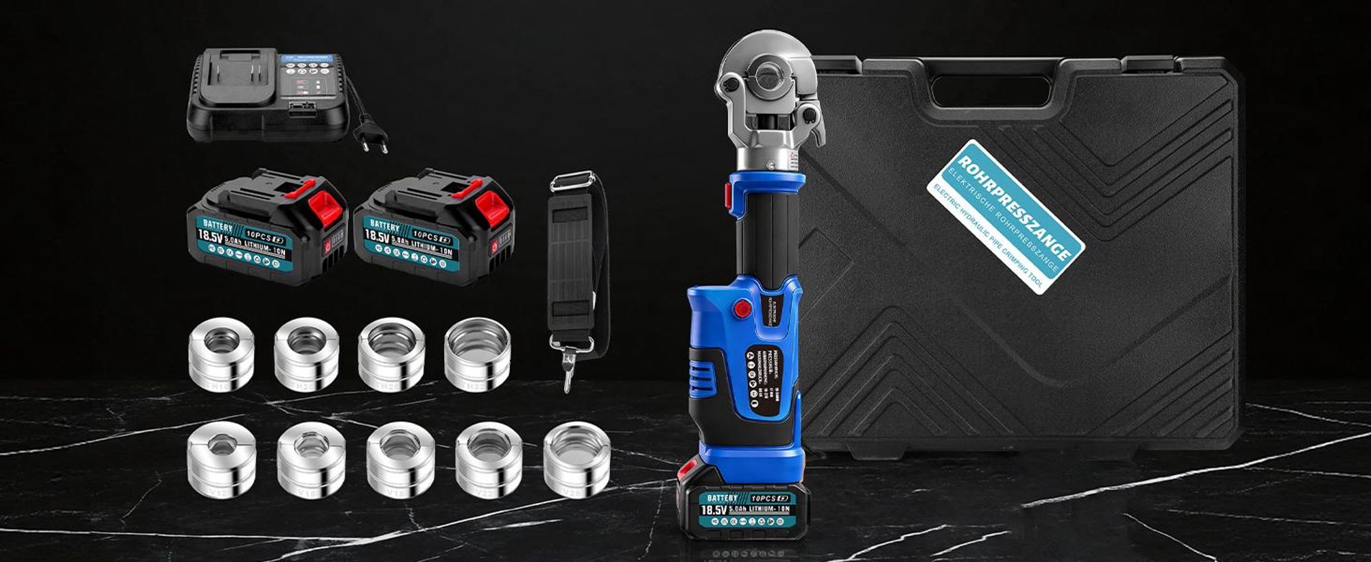 Akku Presszange V-Kontur TH-Kontur, 2x5000mAh Akkus, LCD-Display, Hilfsgurt, Ein-Mann-Bedienung, Crimpzange für Kupferrohre Edelstahlrohre Verbundrohr