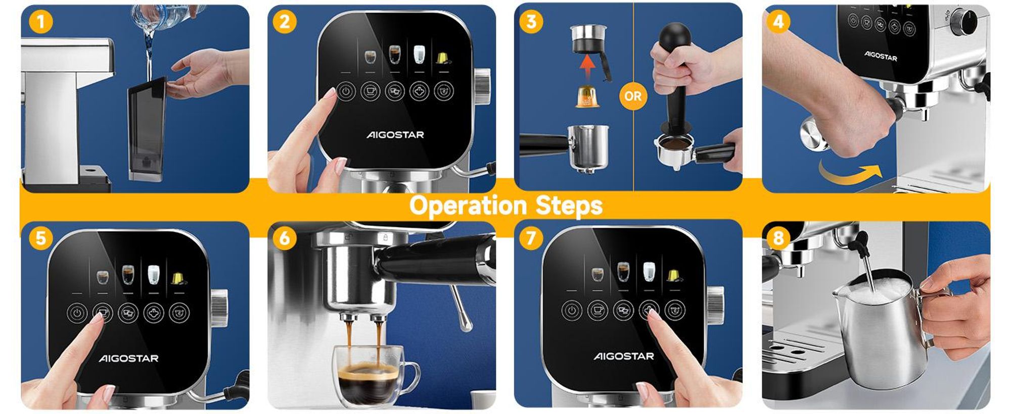Aigostar Siebträgermaschine Espressomaschine mit Milchaufschäumer, Kompatibel mit Kapseln und Gemahlenem Kaffee, 20 Bar, Digitales Touchpanel