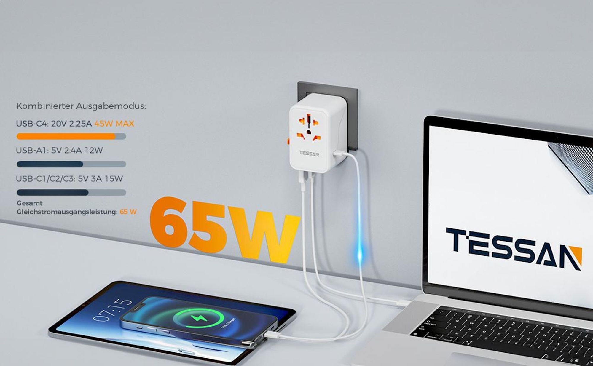65W Reiseadapter Weltweit Universal Reisestecker mit 1 USB A 4 USB C Internationaler Steckdosenadapter für Deutschland USA England Australien