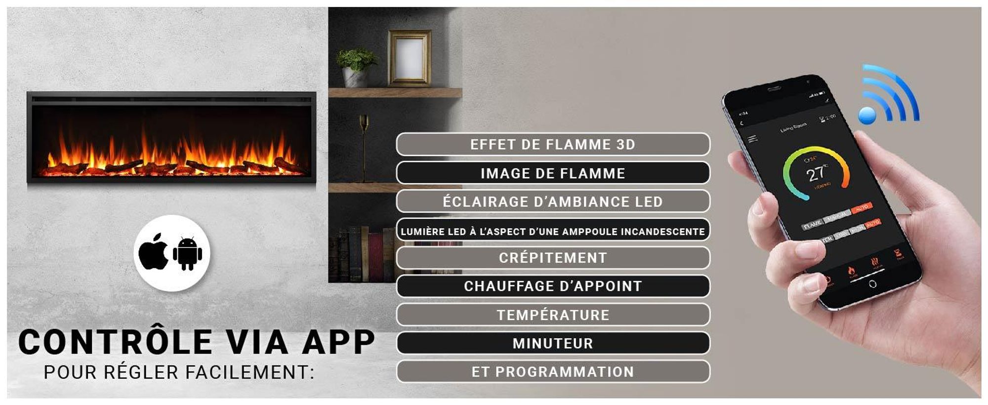Cheminée électrique encastrable BALDERIA Atalanta 60 – Puissance de chauffage jusqu'à 1 500 W, noire