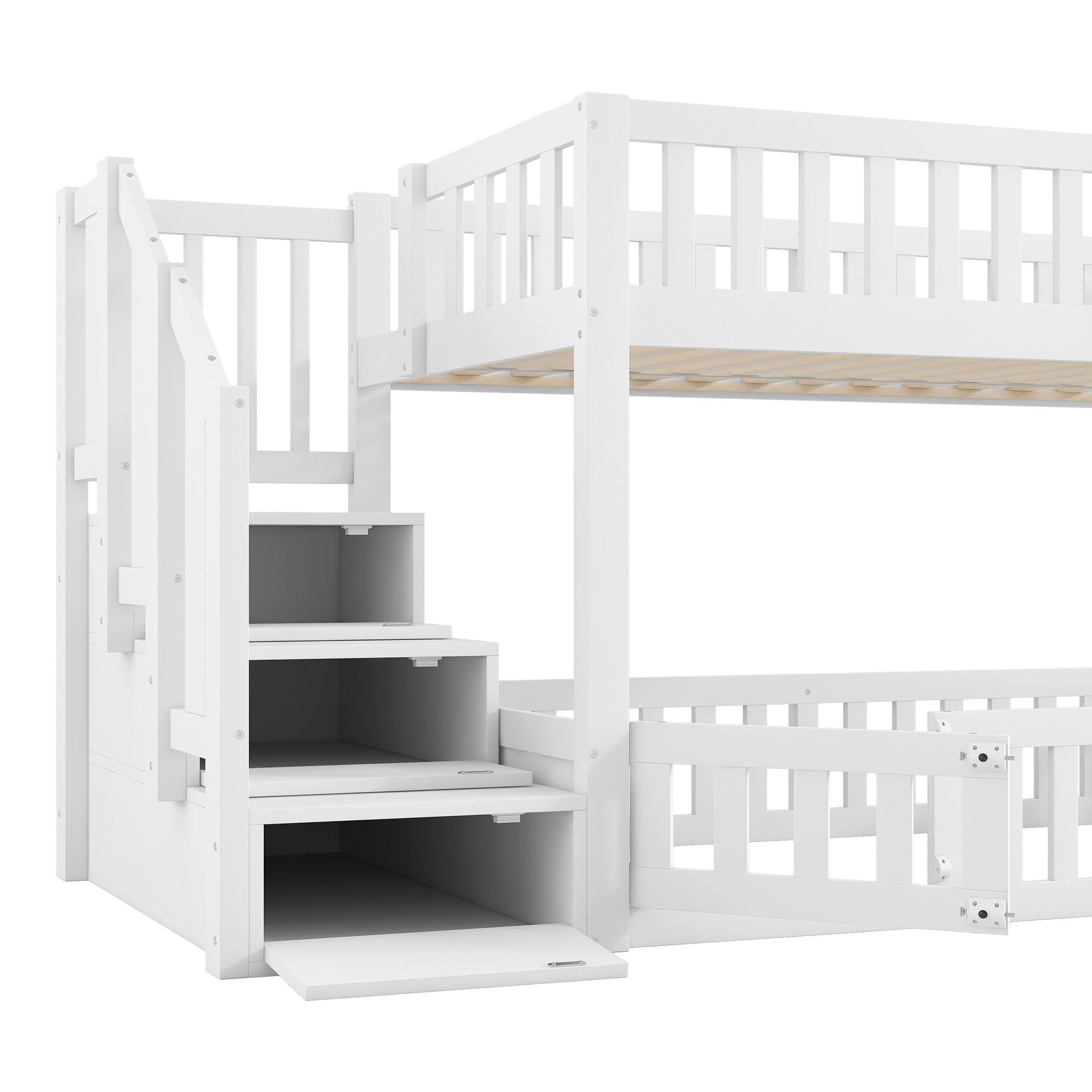 Merax Etagenbett 90x200 cm, Stockbett mit Zaun und Lagertreppe, Kinderbett, Jugendbett, ideal für Kinderzimmer, Kiefer, Massivholzbett, Weiß