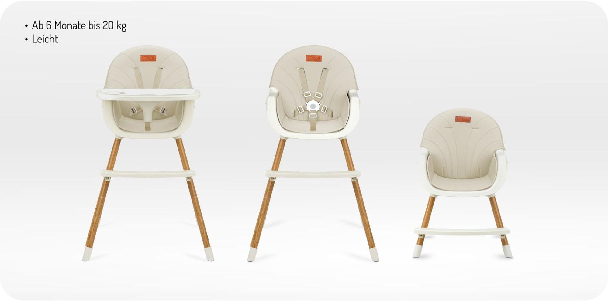 MoMi REKI – Evolutiver Baby Hochstuhl mit 2 Sitzpositionen & spülmaschinenfester Tablett, 6–36 Monate, bis 20 kg – Beige