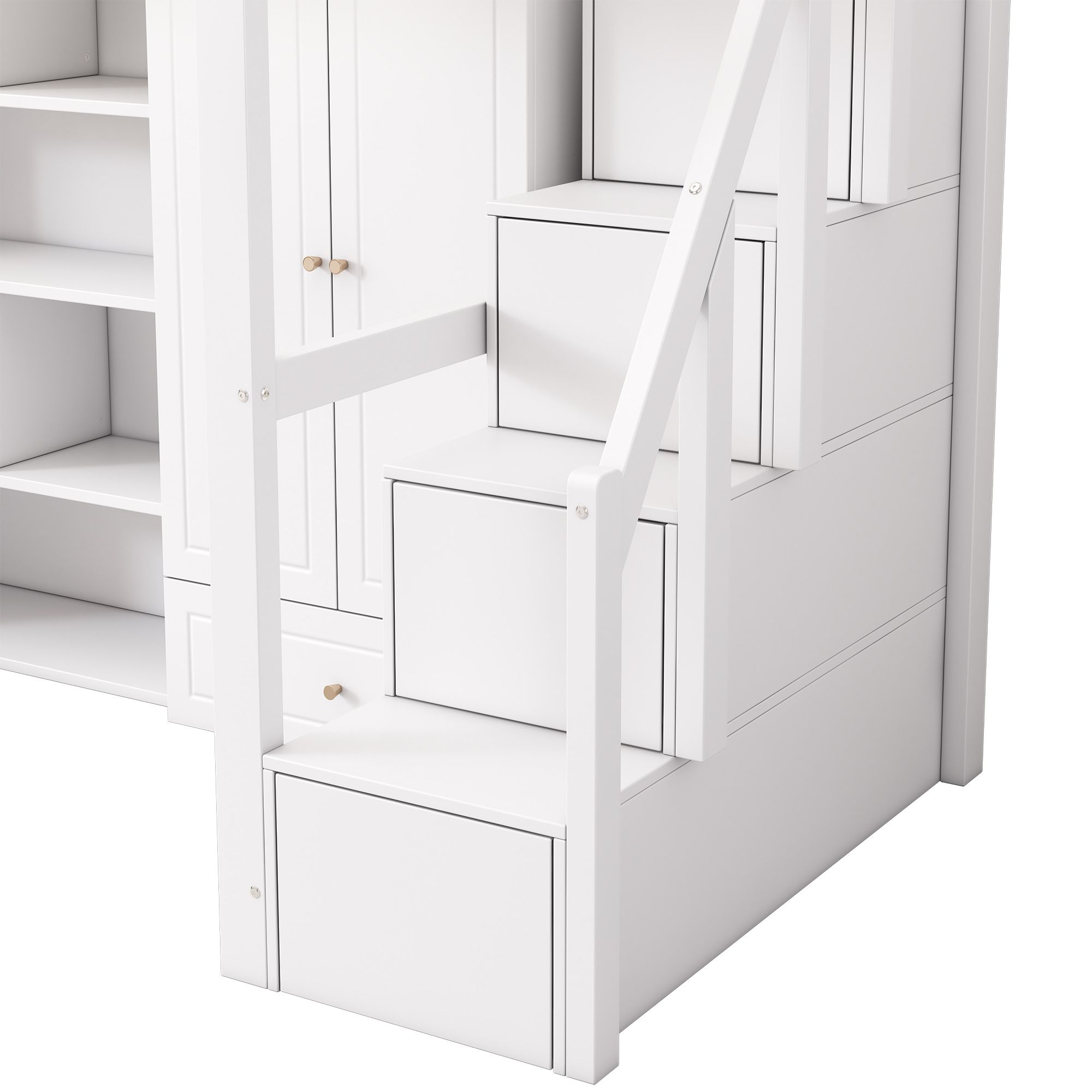 Flieks Etagenbett 90x200cm mit Rausfallschutz, Hochbett mit Treppe, Komplettes Schlafzimmerset, Kinderbett mit Kleiderschrank Schreibtisch Regal, Weiß
