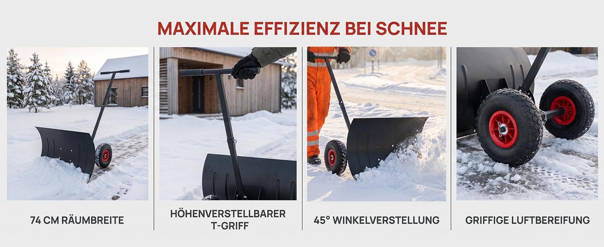 ROSEJANE Schneeschieber mit Rädern, Metall-Schneeschaufel mit Edelstahl-Schaufelblatt, 5-fach höhenverstellbarer Griff, 5-fach verstellbarer Schaufelwinkel, 74 cm Arbeitsbreite, luftbereifte Räder, klappbar