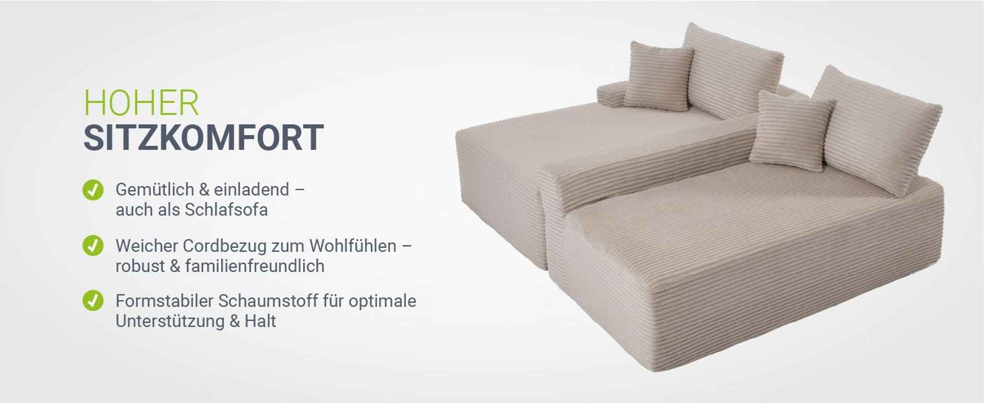 Juskys Sofa Coredo - Taupe, moderne Couch aus Cord mit Kissen, Ottomane links