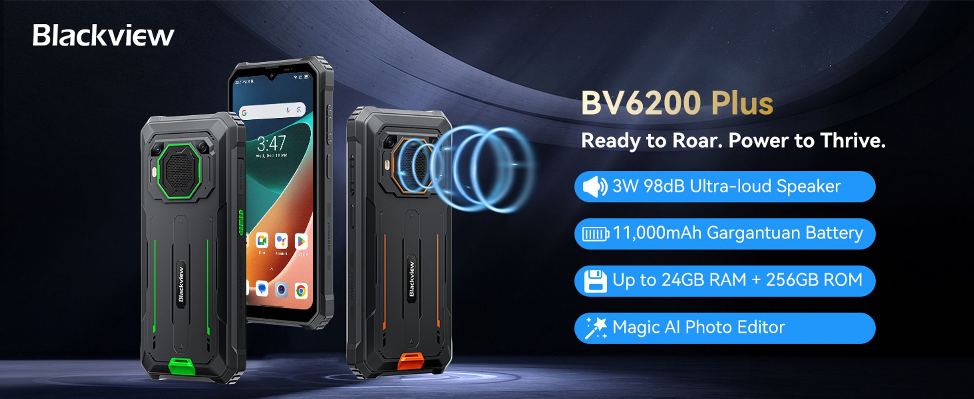 Blackview BV6200 Plus(2025) Outdoor Telefon komórkowy bez umowy, 11000mAh/18W/5W Ładowanie wsteczne, 24GB+256GB, Głośnik 98DB, 6,56", IP69, Gemini, NFC